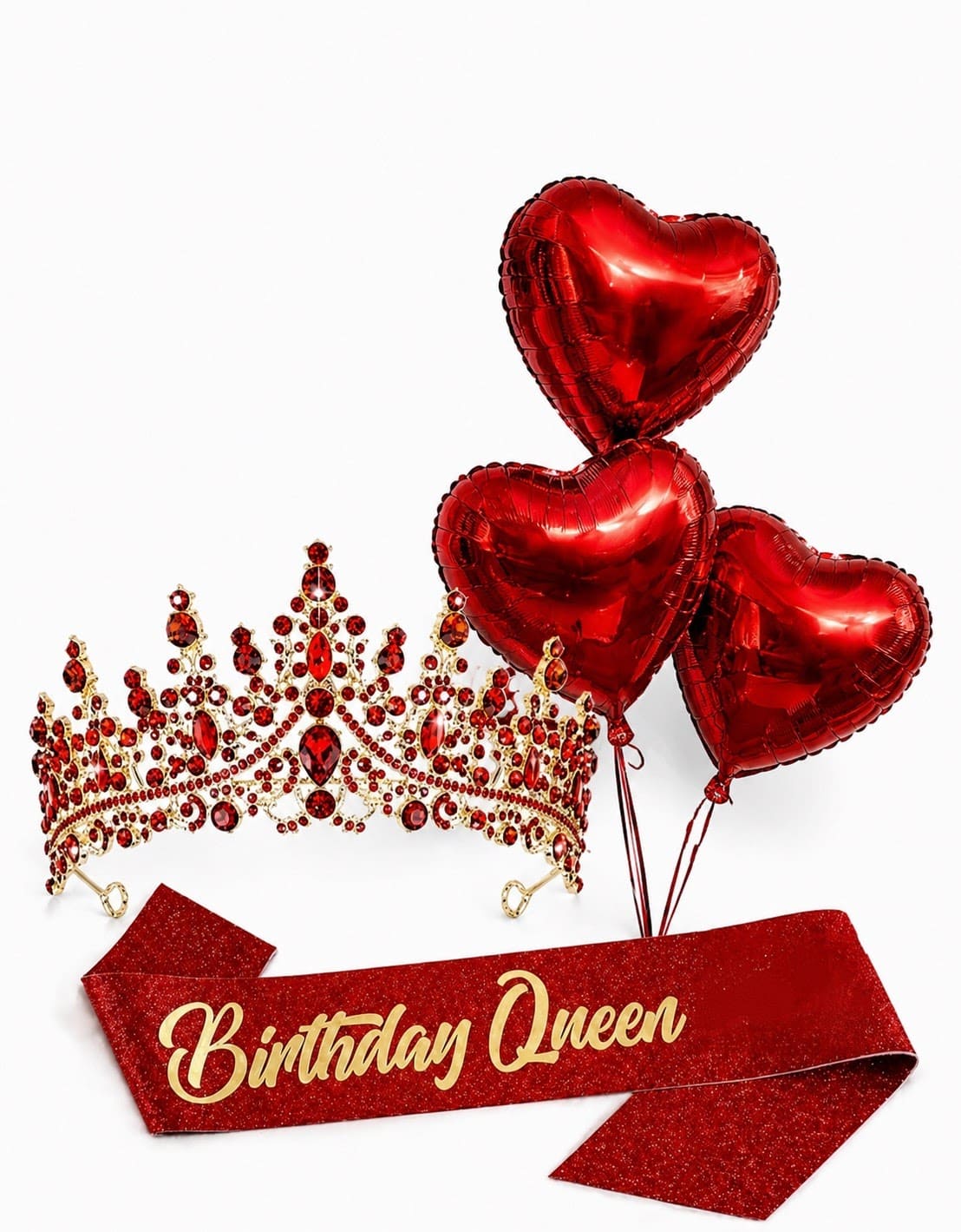 Red heart balloons with a jeweled crown and a Birthday Queen sash