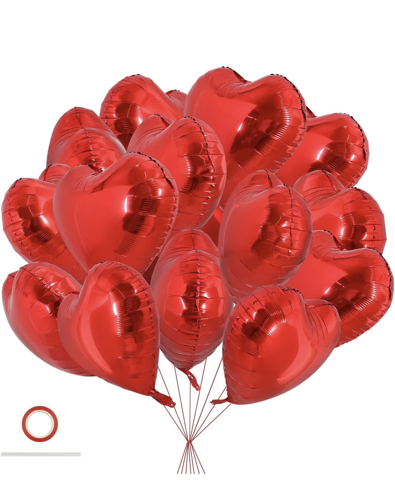 Cluster of red heart-shaped balloons with strings attached