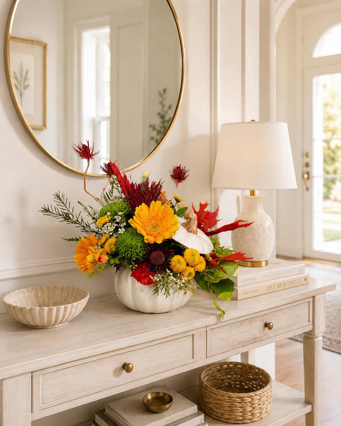 Colorful floral arrangement in a white pumpkin vase on a console table