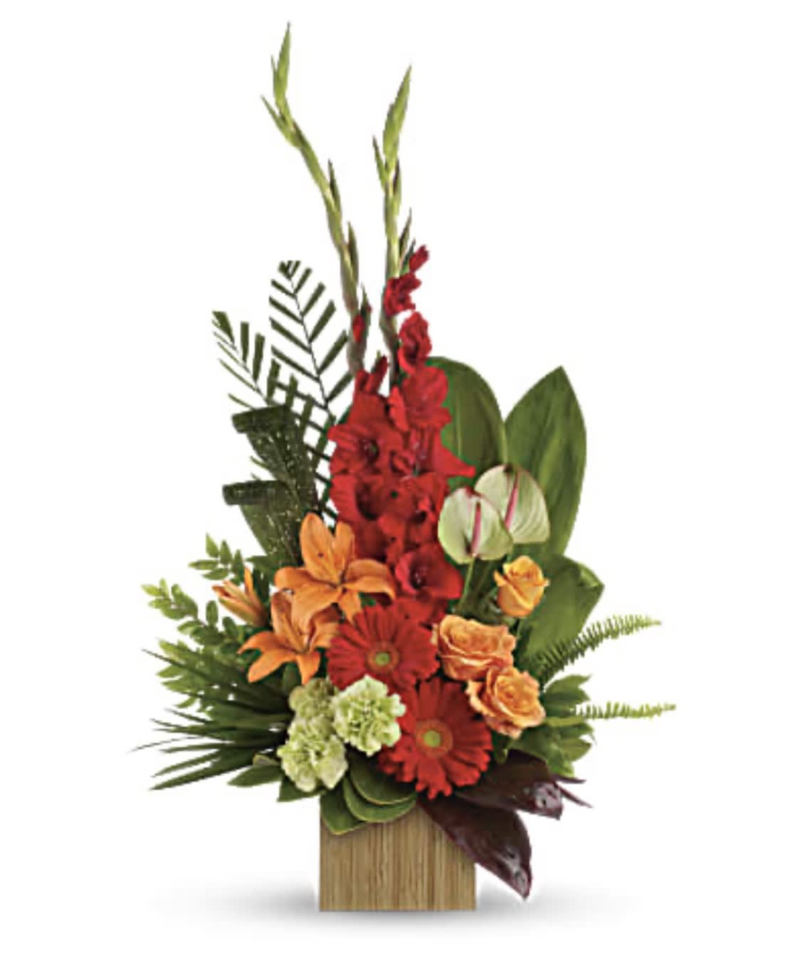 Tropical arrangement with red, orange, and green flowers in a wooden container