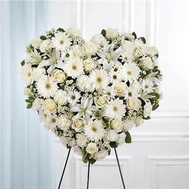 All White Mixed Flower Solid Standing Heart - It’s the purity of love that keeps us going when someone we care about is taken from us. This loving sentiment is best captured with our grand, heart-shaped arrangement in pure and timeless white. Handcrafted by our caring florists using a medley of pristine white blooms, it’s a beautiful tribute best suited for the funeral services. •All-white heart-shaped arrangement of roses, hybrid lilies, Gerbera daisies, carnations, daisy poms, waxflower and monte casino; accented with baby’s breath and soft, lush greenery •Arrangement is designed on an easel •Measures approximately 26"H x 28"W without easel •Appropriate for the funeral home •Our florists use only the freshest flowers available, so colors and varieties may vary