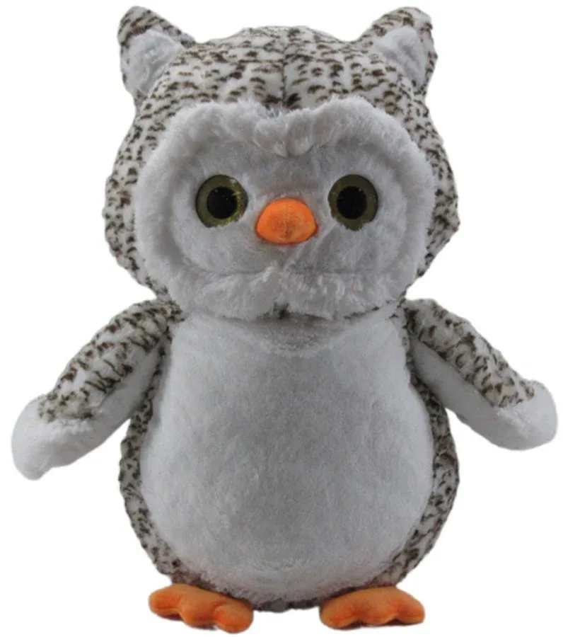 Plush owl toy with gray and white fur and orange beak and feet