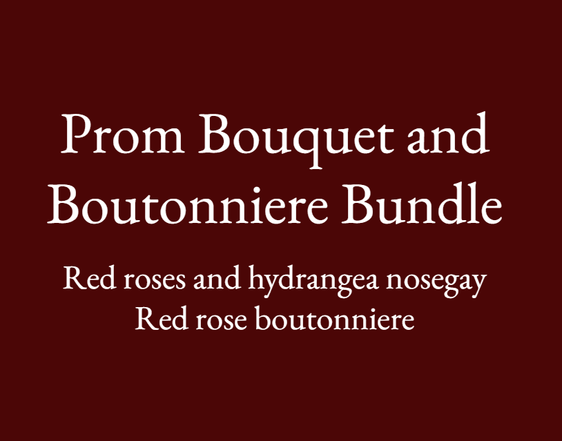 Text on a burgundy background reads prom bouquet and boutonniere bundle
