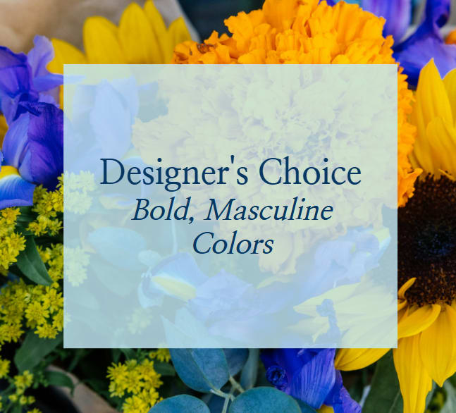 Mixed bouquet with yellow sunflowers, blue flowers, and orange blooms