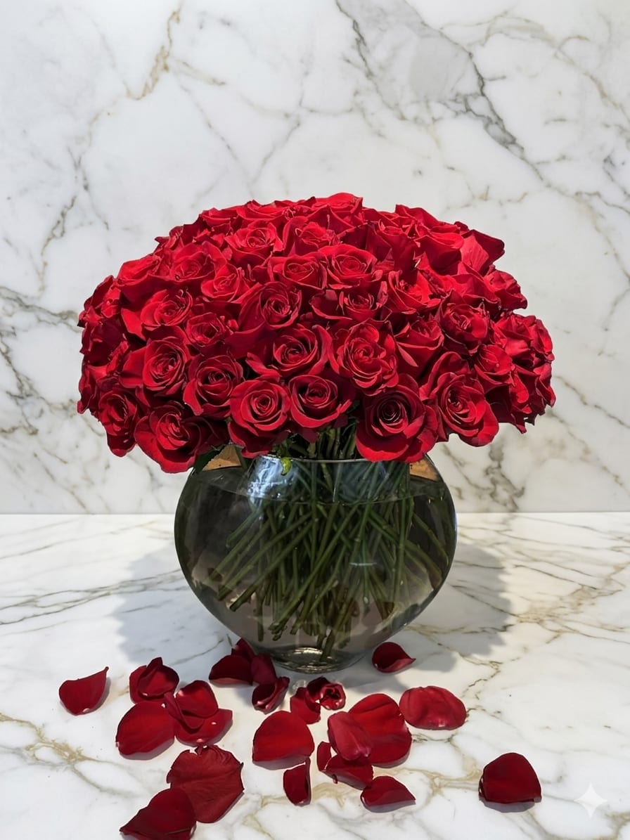 Round arrangement of red roses in a clear glass bowl vase with scattered rose petals.