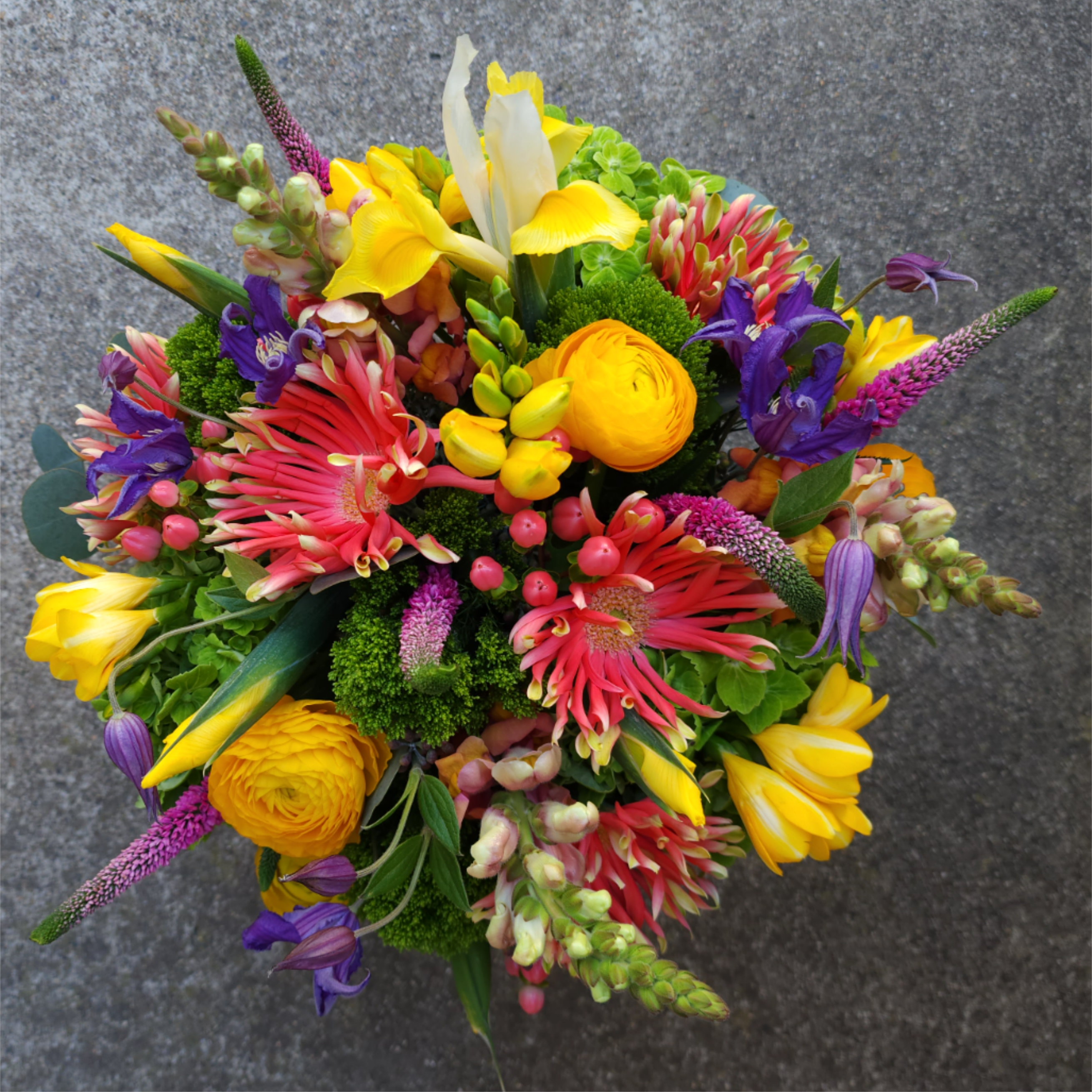 Carole Lombard - Vibrant + Energetic  Bursting with sunny ranunculus and vibrant roses, this makes for a joyful birthday bouquet or congratulations gift that immediately brightens any room. A lively garden-style silhouette with blooms radiating outward in a full, energetic shape - creates a celebratory, cheerful mood that will make the person you're thinking of feel noticed and celebrated.  A dense mix of bright yellow ranunculus, orange roses and dahlias sit alongside hot pink spray roses, snapdragons and light purple accent flowers for striking warm-and-cool contrast. The variety of textures - from the layered ranunculus petals to the sculpted dahlia heads and vertical snapdragons - keeps the arrangement interesting from every angle. Perfect for springtime gifting or any happy occasion, this bouquet arrives radiates an effortless, natural look. Keep it fresh by changing the water daily.