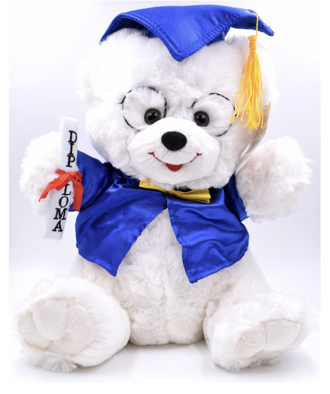 Plush teddy bear in a blue graduation cap and gown holding a diploma
