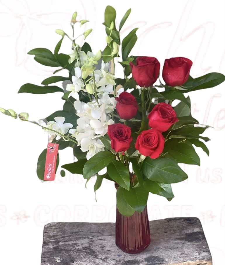 Red roses and white orchids in a tall burgundy vase