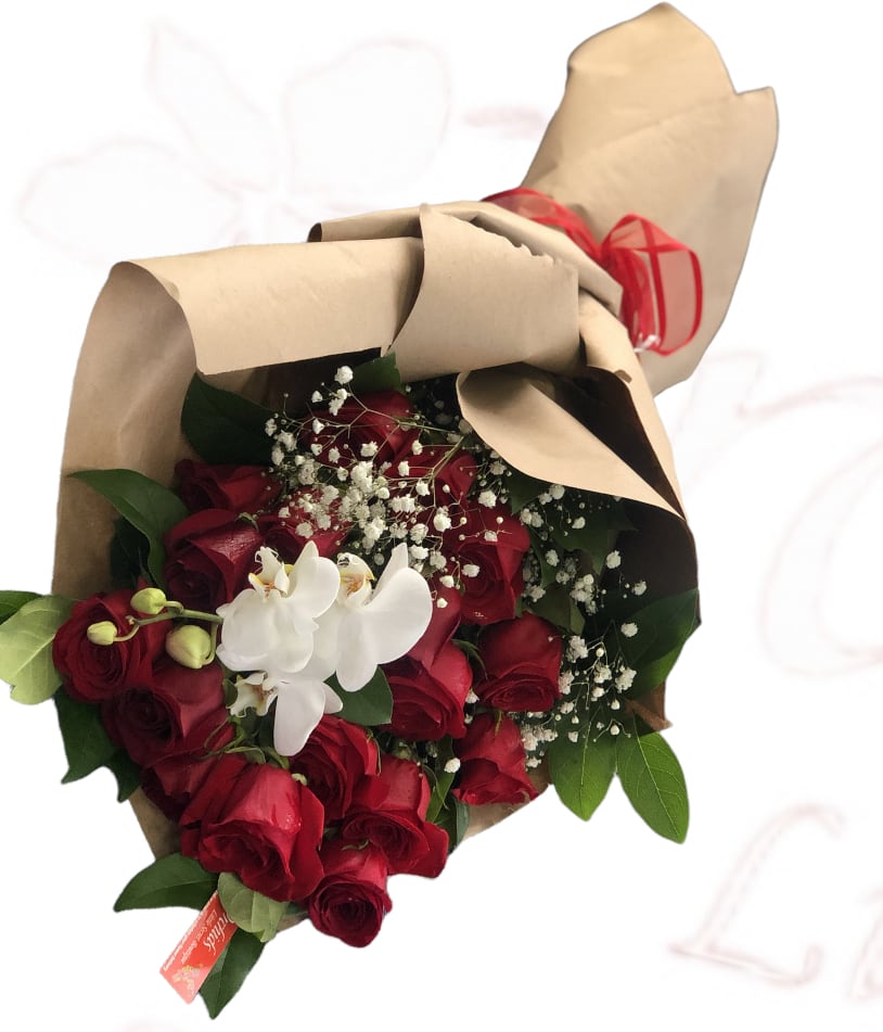Bouquet of red roses with white orchids wrapped in brown paper