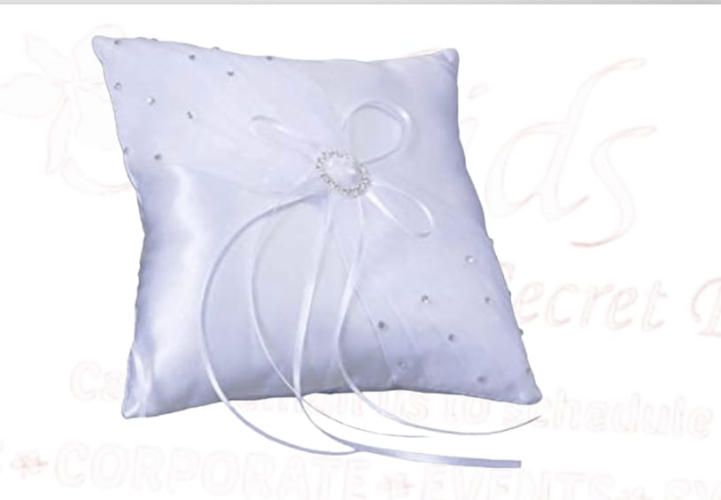 Lavender satin ring pillow with ribbon bow and rhinestone accent