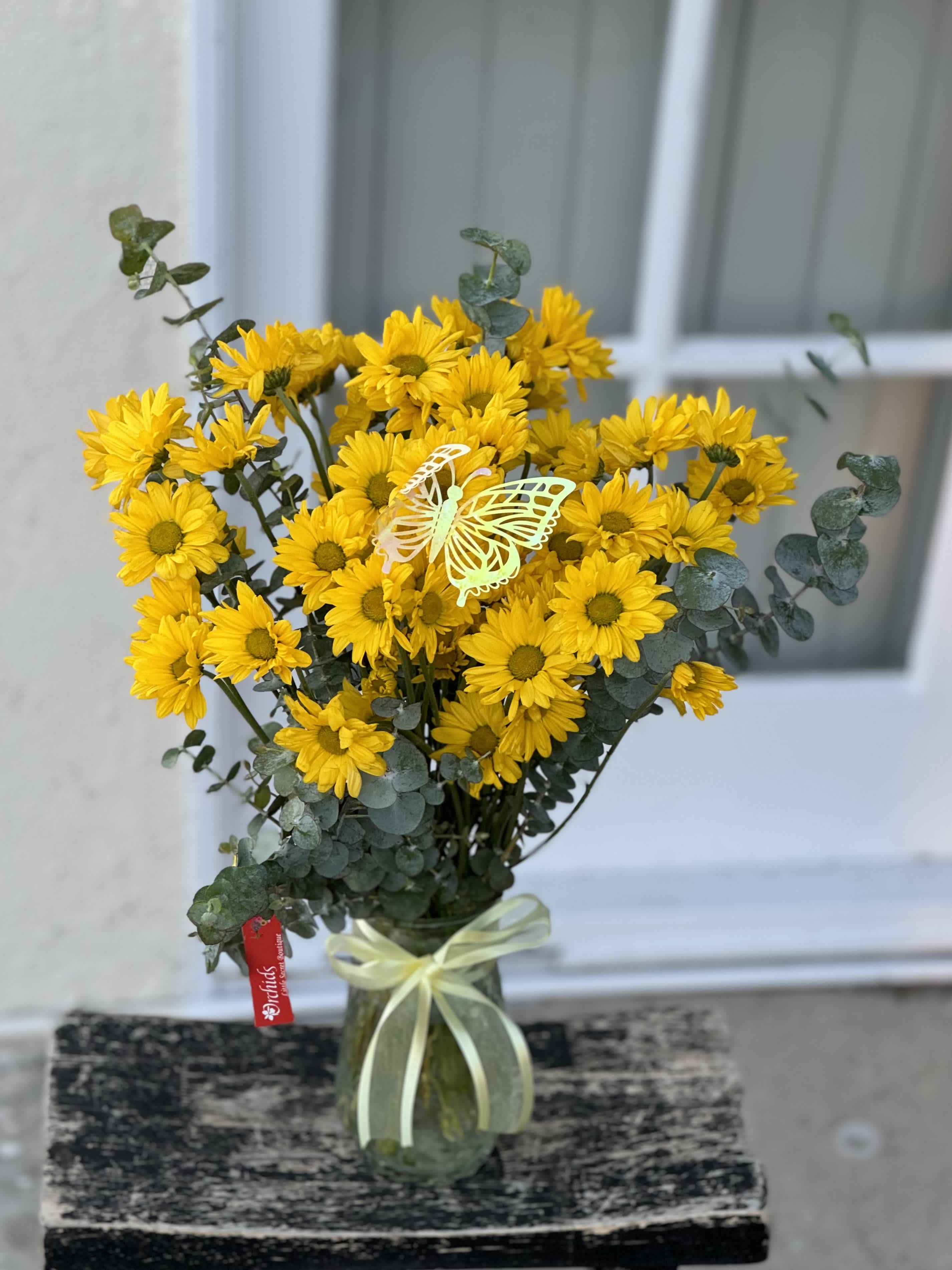 Yellow Daisies Happiness Bouquet  - Arrangement measures approximately 13"H  Send a great big bunch of happiness with this fresh radiant bouquet of sunny yellow daisies bouquet. Perfect gift for daisies lover,  just because or celebrations of all kinds. 
