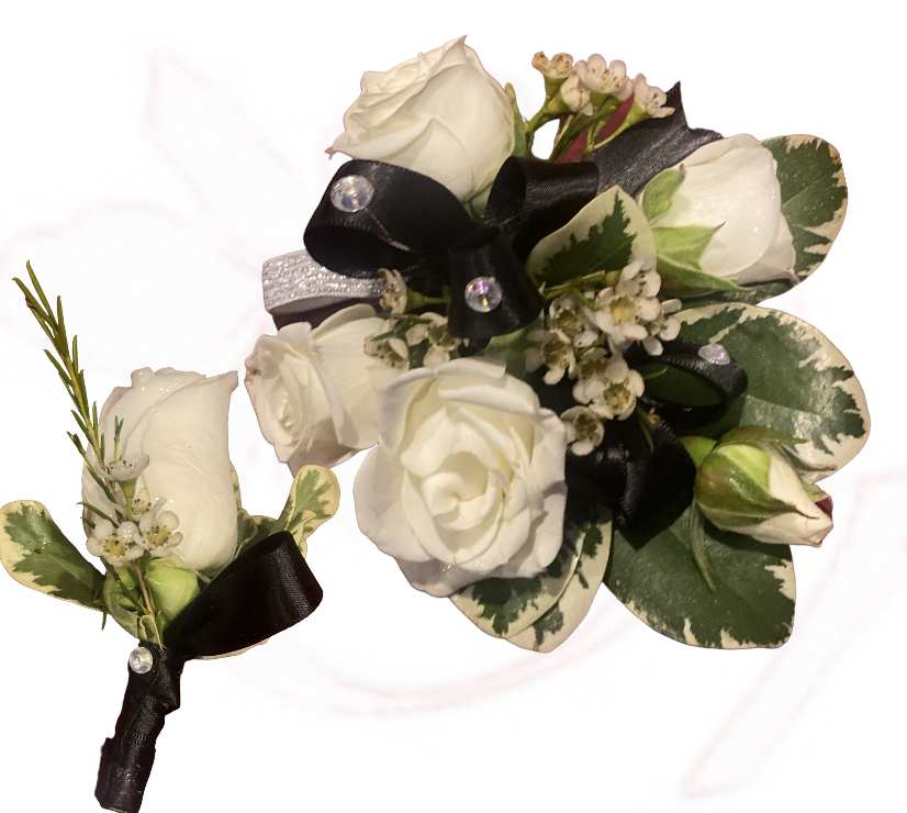 White rose boutonniere with black ribbon and variegated leaves