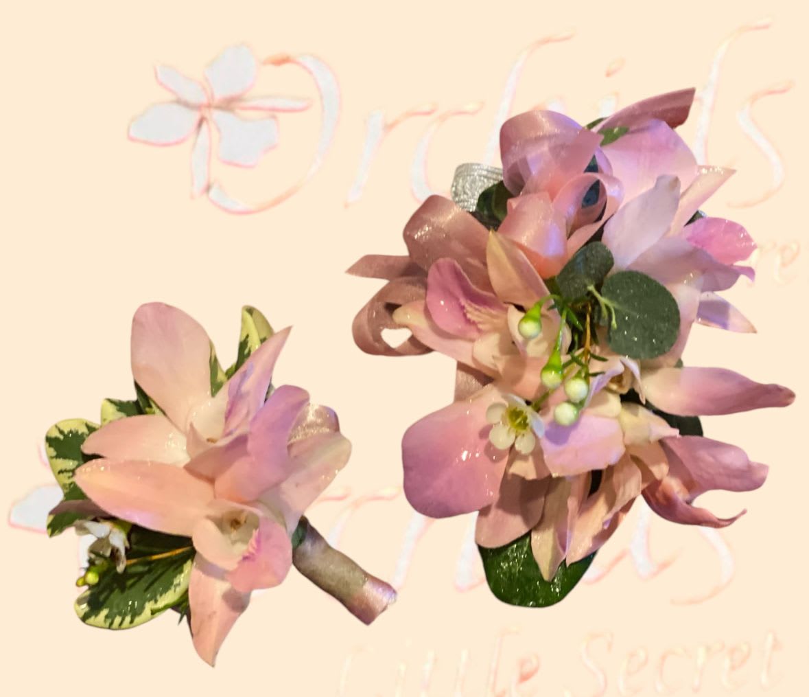 Two pink orchid corsages with ribbon and greenery