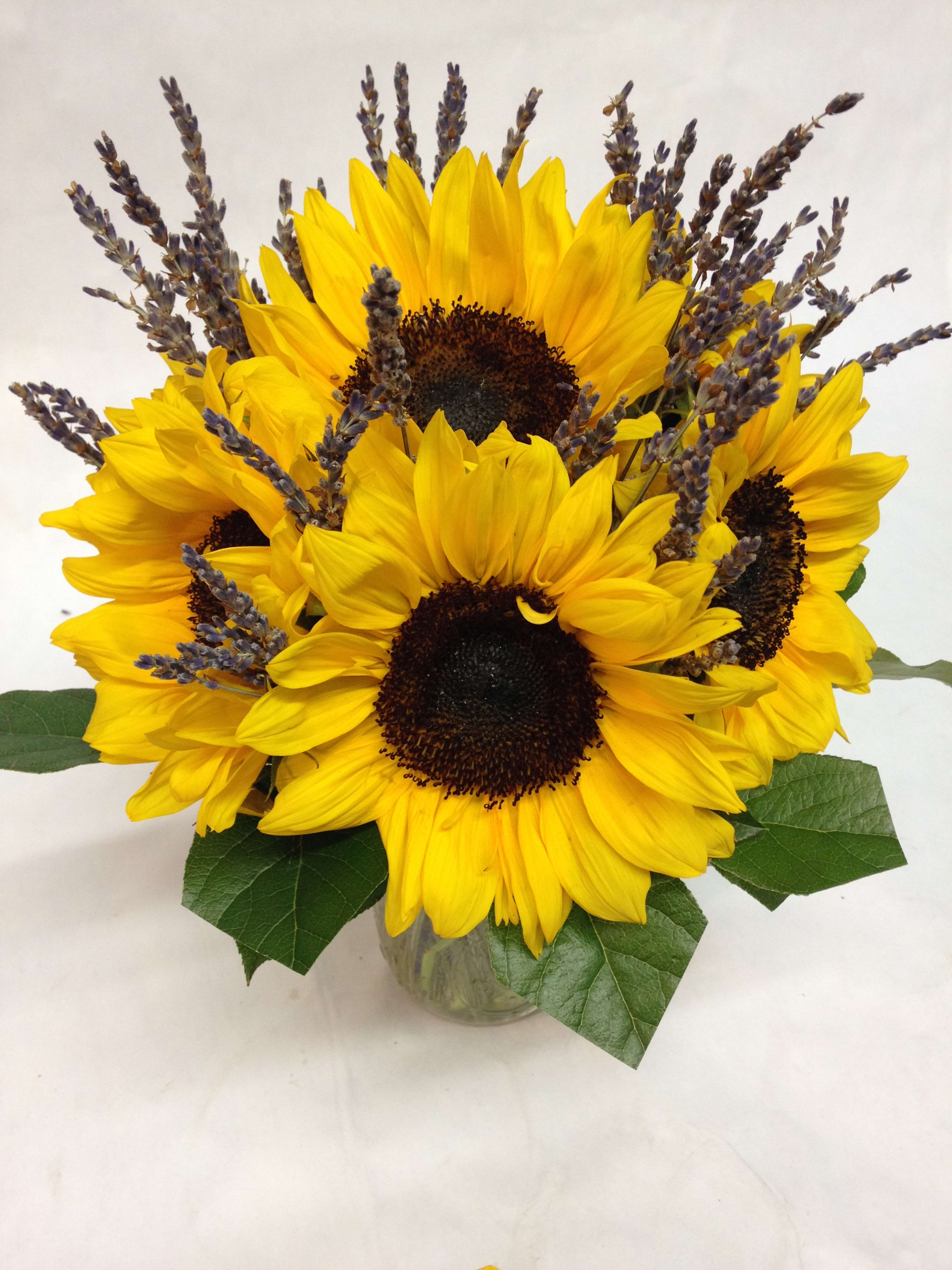 Bright yellow sunflower arrangement with lavender sprigs in a clear glass vase.
