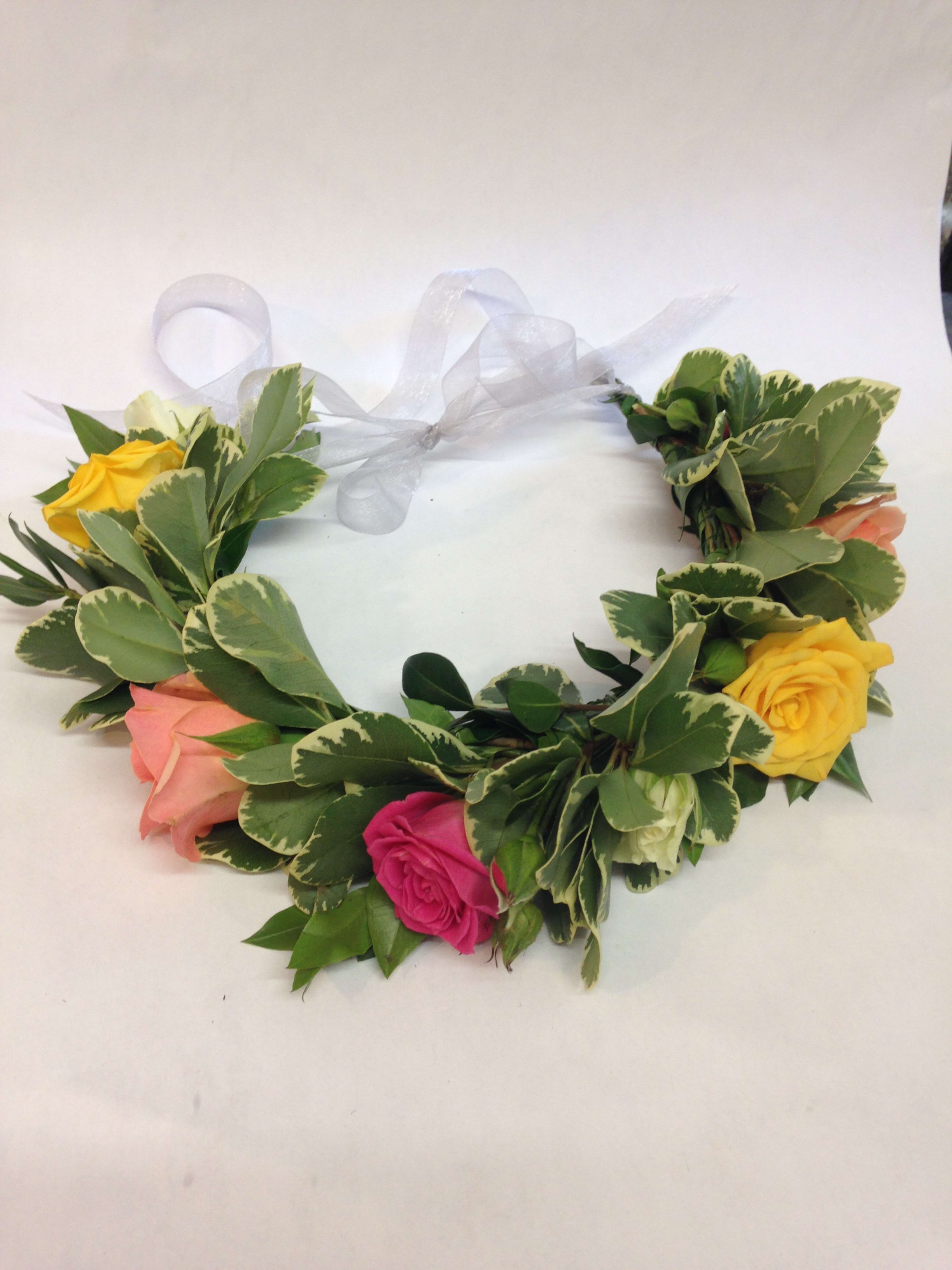 Floral crown with multicolored roses and sheer ribbon