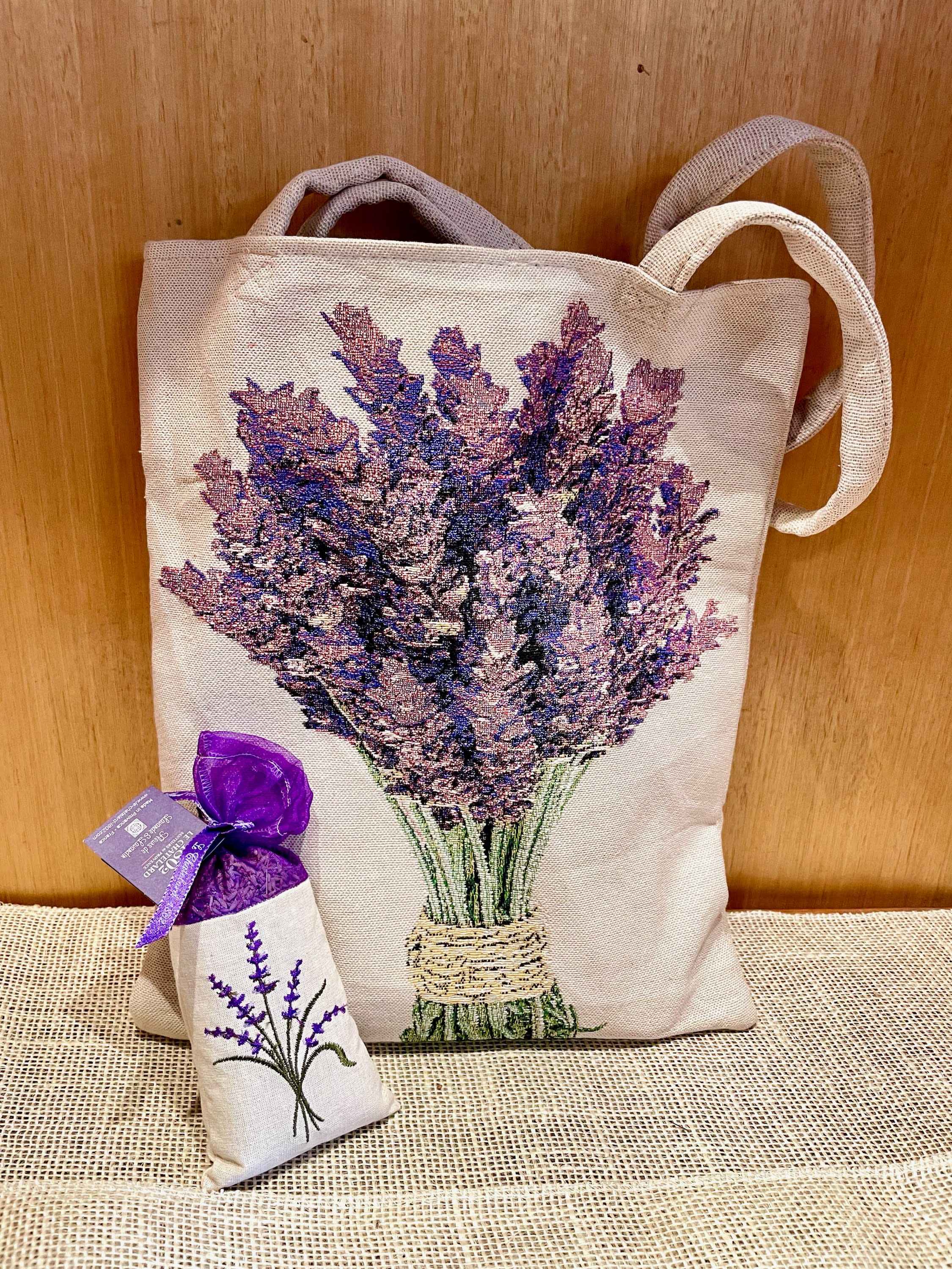 Tote bag and small sachet with lavender flower designs