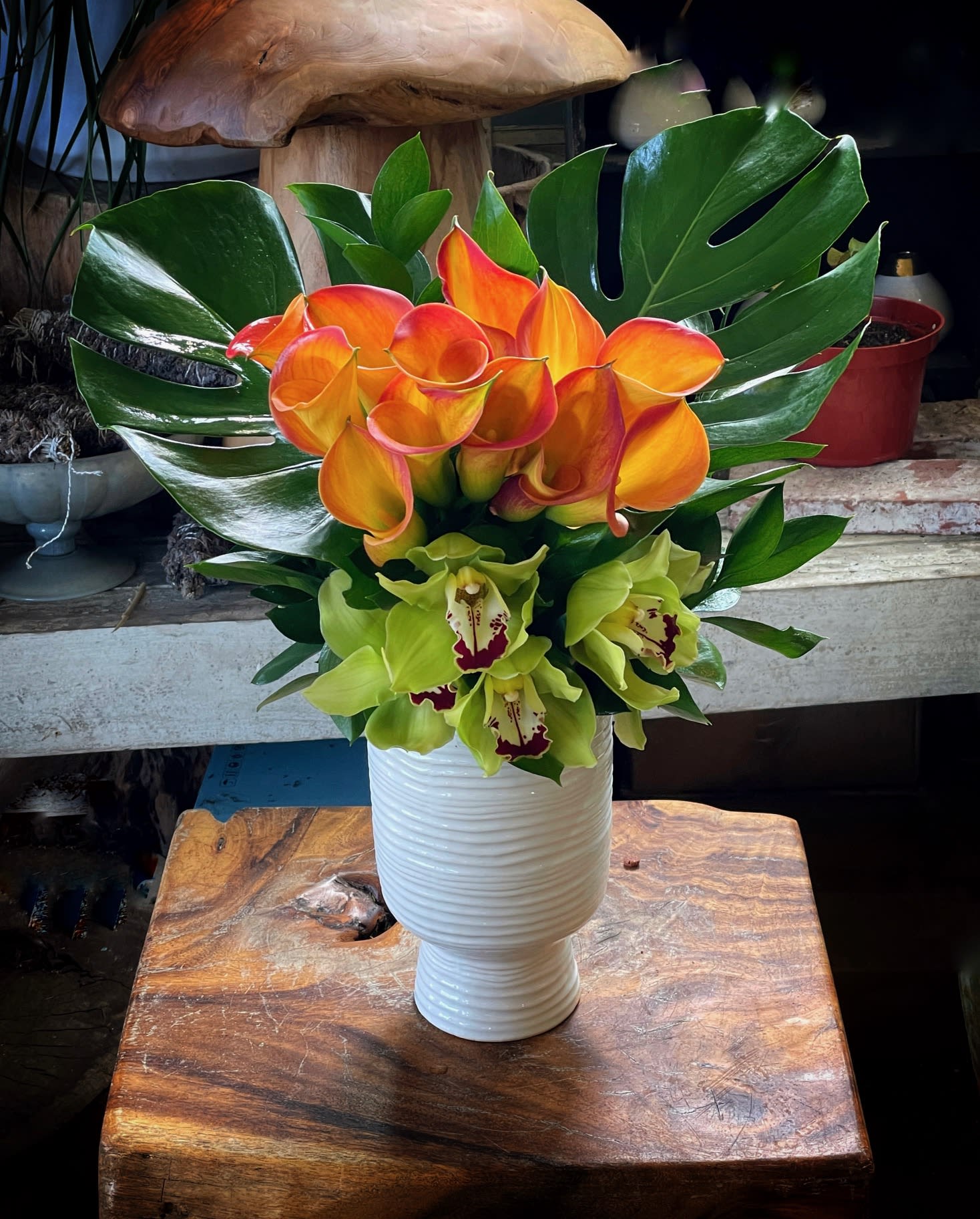 Cardinals - Calla Lilies, Cymbidium Orchid, and Monstera Leaves in ceramic vase.