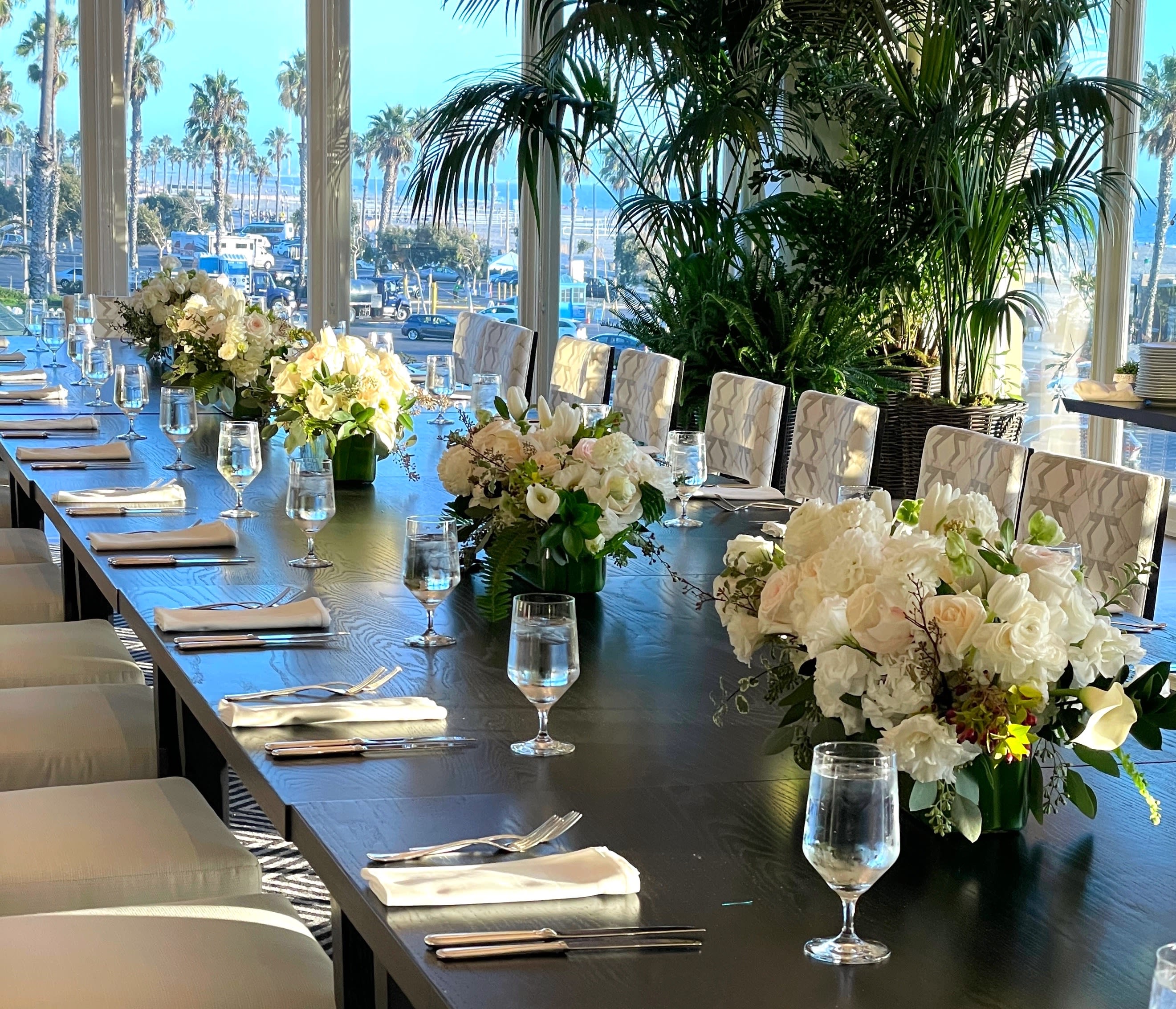 VIP  - Hydrangea, Premium Roses, Dahlias, Tulips, Eucalyptus, and more greenery in long glass vase. Size 26" L x 7" H 10" W  (For smaller version please call to the shop)