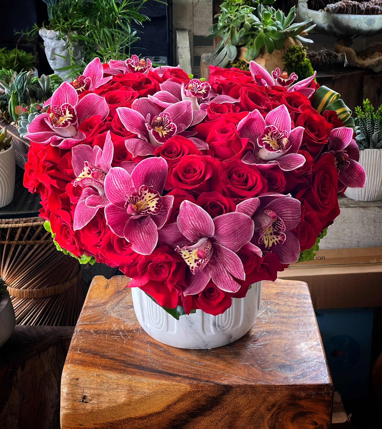My Love - 60 (Five dozen) Premium Ecuadorian Roses, and Cymbidium in ceramic vase.