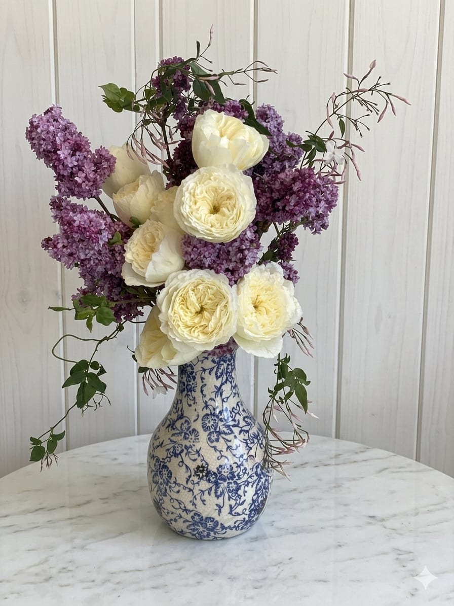 White roses and purple lilacs in a blue-and-white vase
