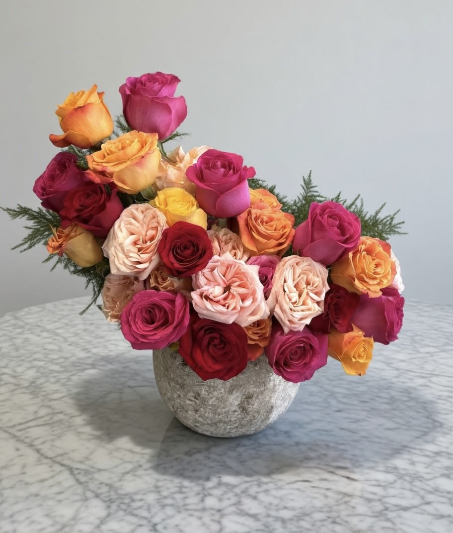 Passion Roses - Three Dozen premium Ecuadorian Roses in rustic ceramic vase.