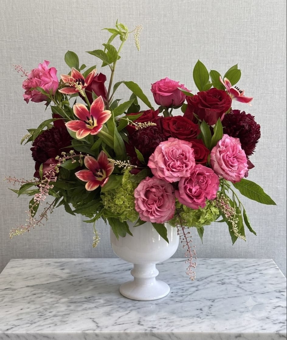Brooklyn - This arrangement has a refined, garden-inspired elegance with a rich, romantic color palette. The combination of raspberry-pink roses, deep burgundy roses, vibrant stargazer lilies, fresh green hydrangeas, and airy seasonal foliage creates a design that feels both luxurious and naturally effortless. 
