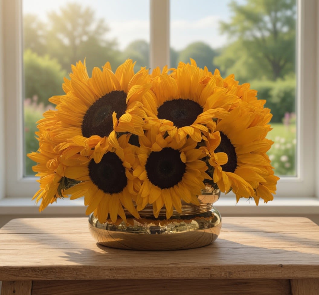 Sunshine  - Sunflowers, in gold ceramic vase.