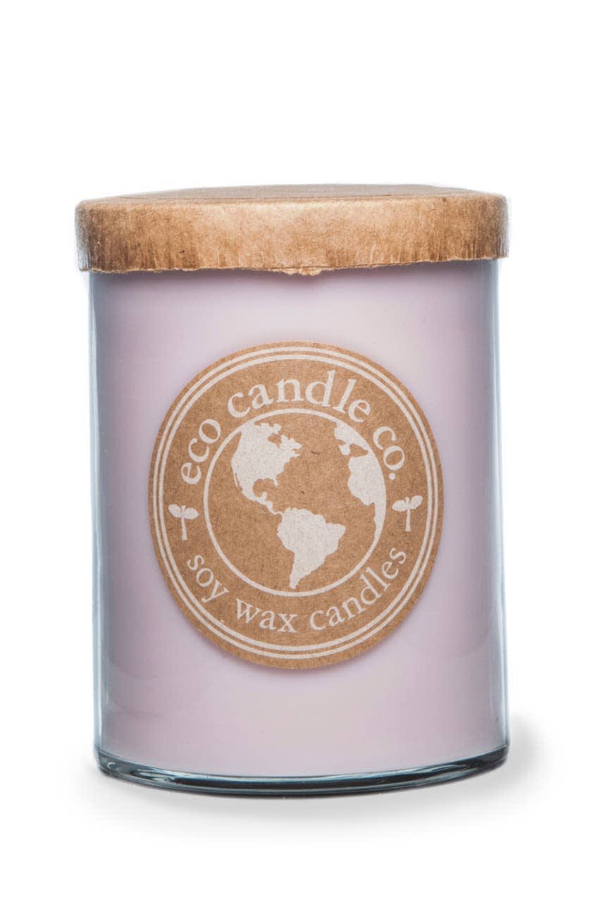 Lavender soy wax candle in a glass jar with a wooden lid
