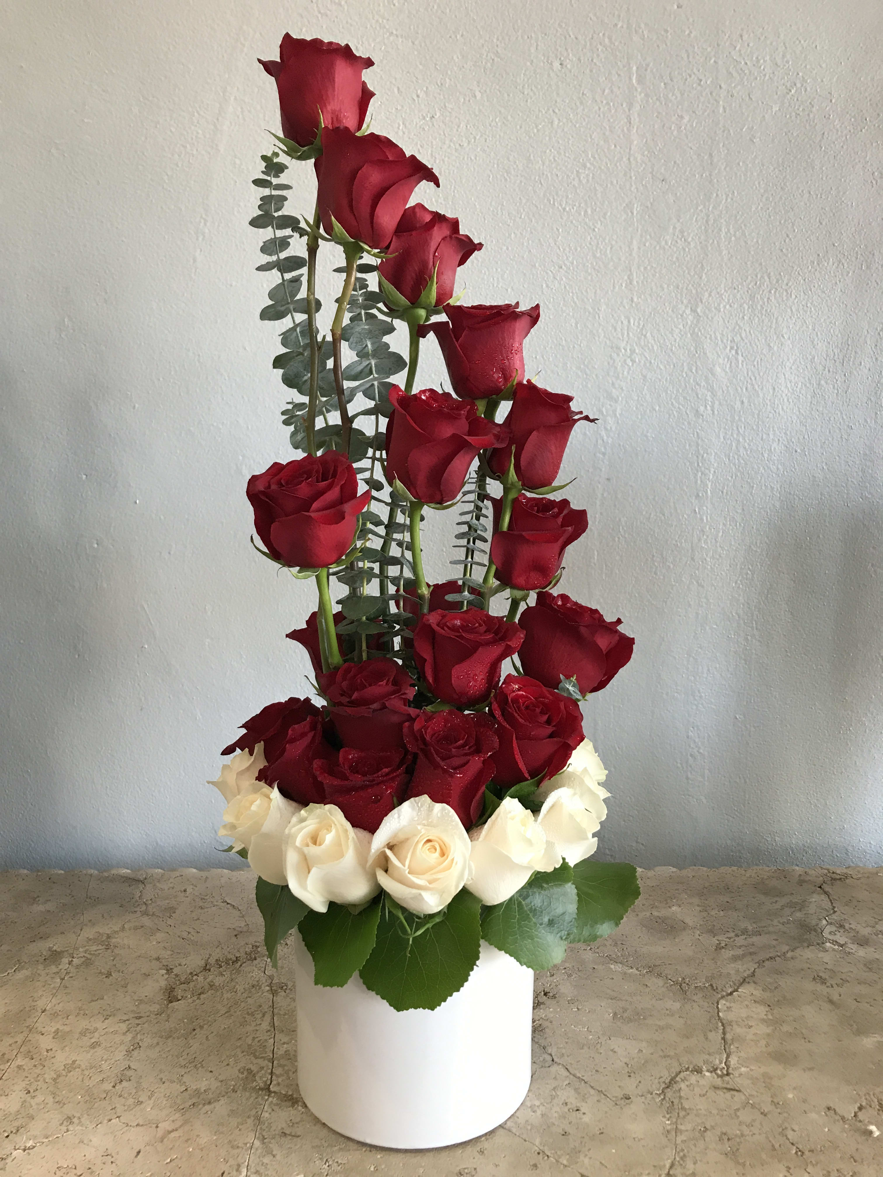 Tall arrangement of red and white roses in a white cylinder vase