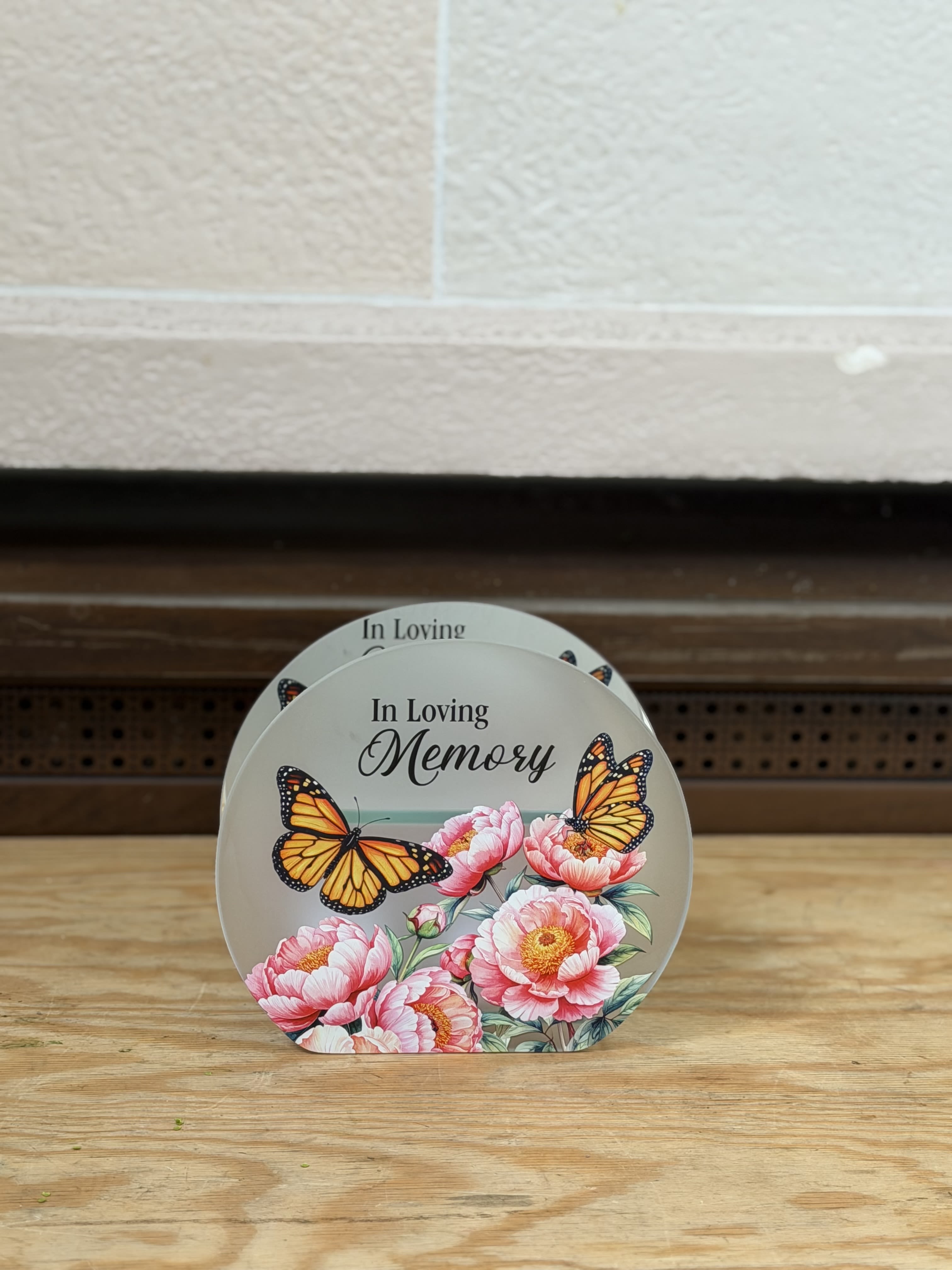 "In Loving Memory" Tealight Candle Holder  - A monarch butterfly and pink flower tealight candle holder that reads "In Loving Memory" 