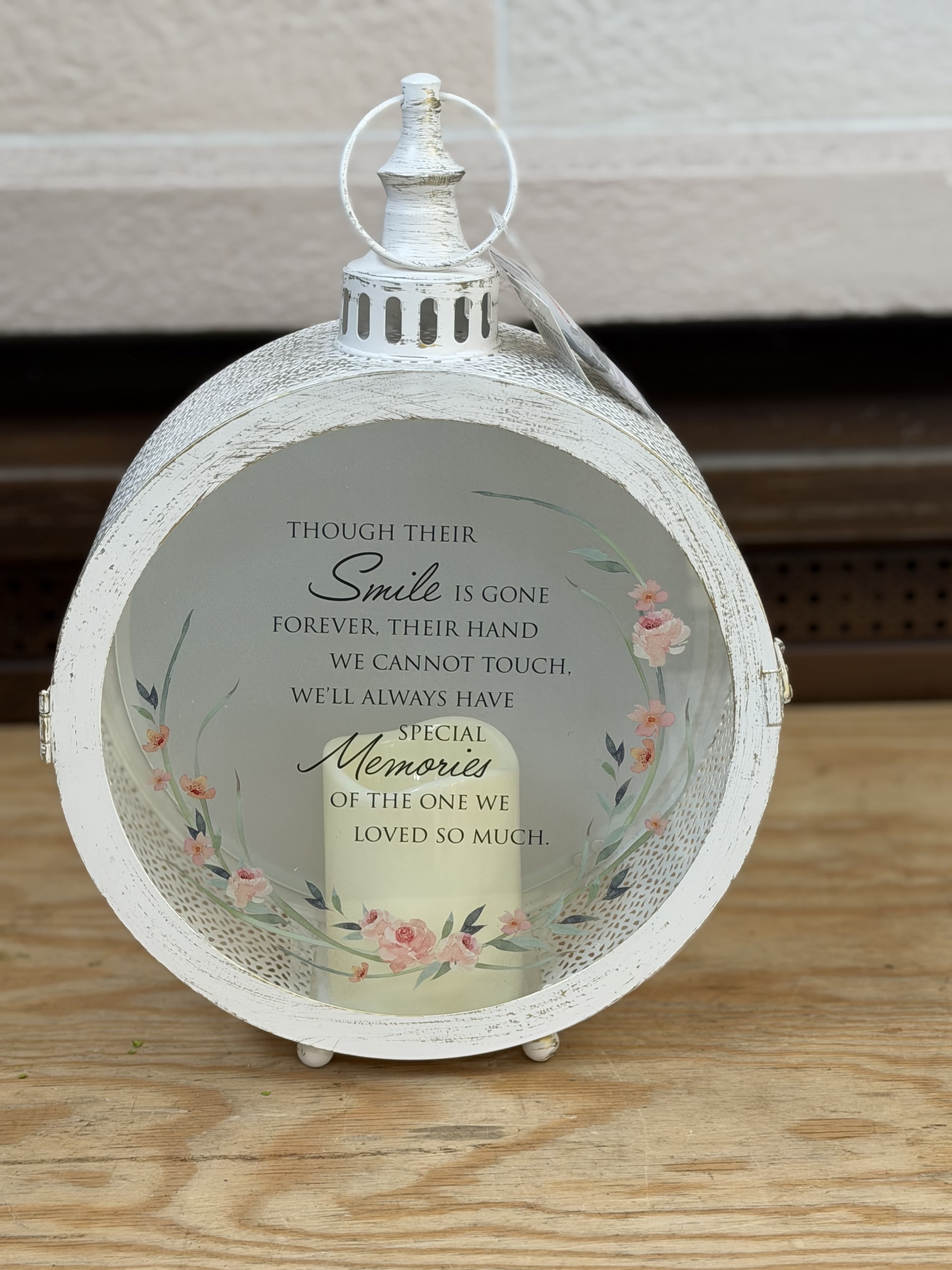 "Smile" Candle Box Lantern - A candle shadow box.  Box Reads: "Though there smile is gone forever, their hand we cannot touch, we'll always have special memories, of the one we loved so much" 