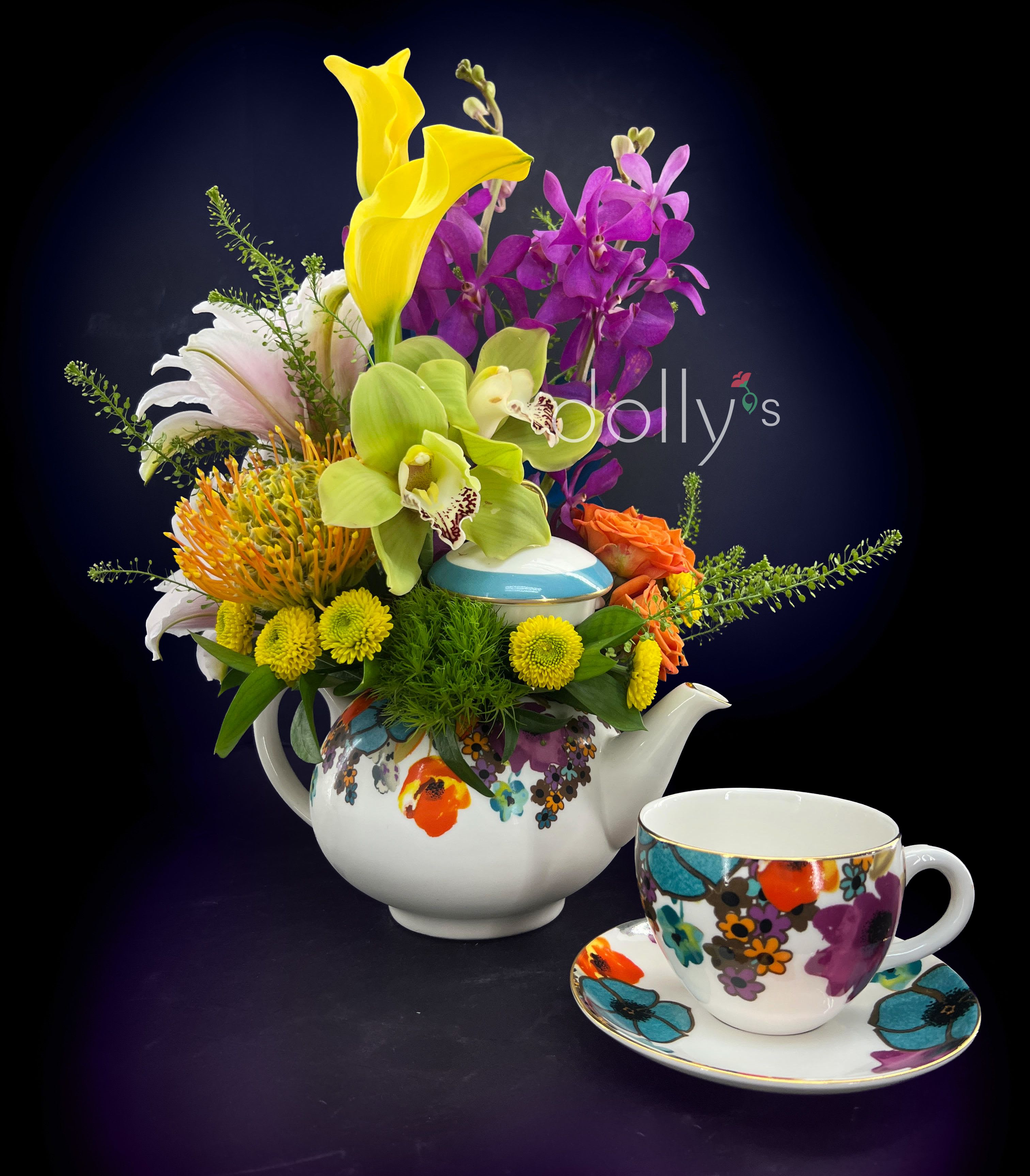 Lady Agatha Standard Tea Set  - A Keepsake to Cherish: The Lady Agatha Tea Set is more than just an arrangement; it is a curated experience designed for those who appreciate the finer things in life. While the flowers provide immediate joy, the elegance of this gift remains long after the last petal falls. This set includes the exclusive Lady Agatha Teapot along with one matching keepsake teacup and saucer. Crafted with a "lady-like" aesthetic, these pieces turn a simple afternoon tea into a grand occasion.  This set includes the Lady Agatha Teapot and 1 matching keepsake teacup and saucer. Local delivery/pick-up exclusive.