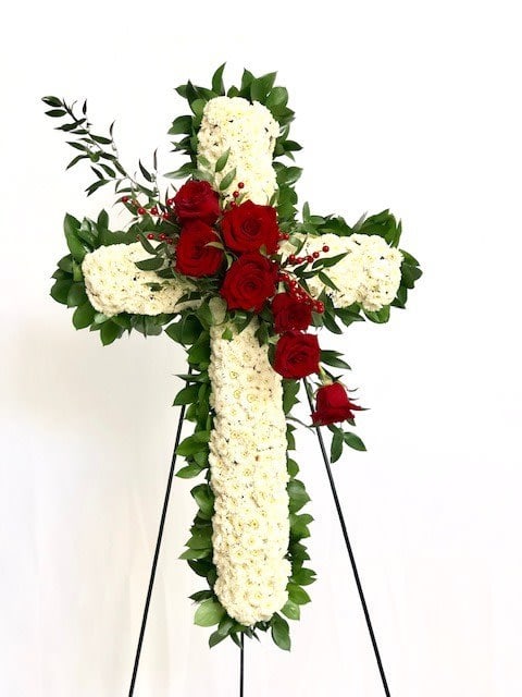 SYMPATHY CROSS - Sympathy Cross with an easel – A floral cross that will truly represent their devotion to their friends, family, and community. The Peaceful Crossover standing spray brings beauty and reassurance to any funeral service, memorial service, or wake.