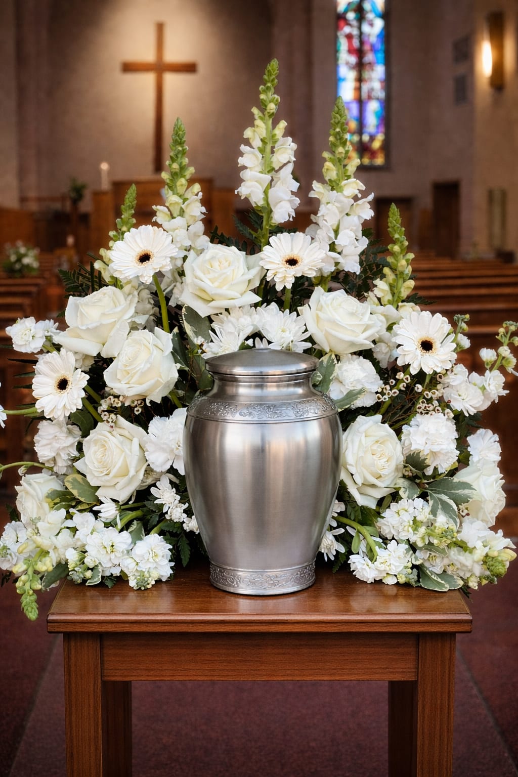 White floral funeral urn arrangement with roses and daisies