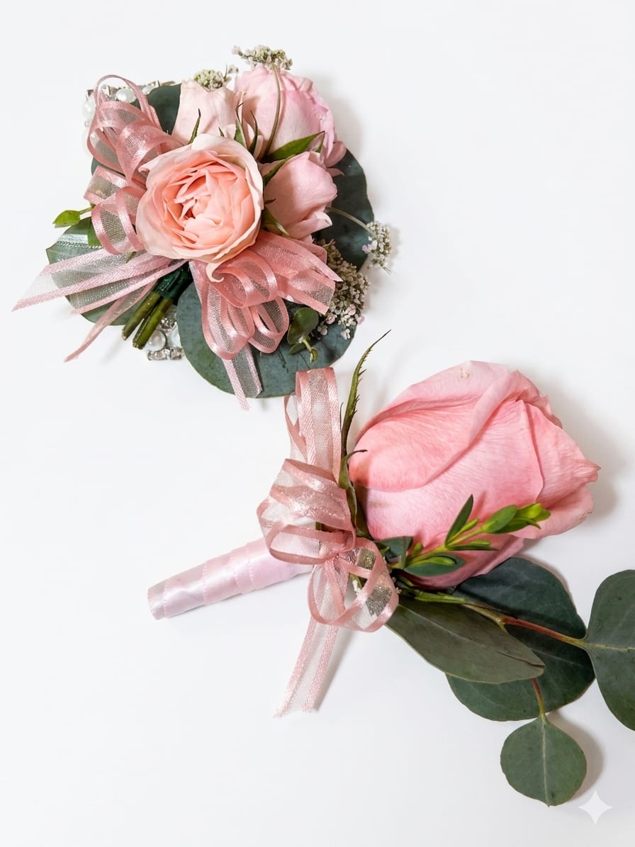 Pink Rose Corsage and Boutonnière  -  pink rose corsage and matching boutonniere set designed to make the person you're celebrating feel delicately cherished - ideal for wedding parties, proms, or any formal occasion where romance matters. The set pairs a fuller, rounded corsage with a compact, streamlined boutonniere so the couple or attendants coordinate beautifully while each piece reads perfectly at its scale.  Each piece features a single pink rose accented with dark green foliage and tiny white filler blooms, finished with soft pink satin and sheer ribbon loops for a gentle, airy silhouette. The boutonniere is secured with a classic boutonniere pin; the corsage is arranged to sit comfortably on the wrist or pinned to a dress. The palette of pink, white, and green keeps the look timeless and easy to match to most formalwear.  This combination is a thoughtful way to mark prom, a wedding ceremony, or a rehearsal event - she'll feel seen and celebrated when she wears it. Order with confidence for coordinated party looks; handle gently and keep flowers cool and hydrated until the moment they're worn for best freshness.