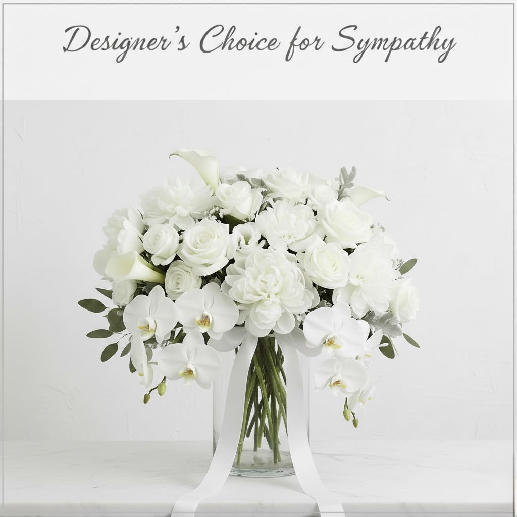 White floral arrangement in a clear glass vase with trailing ribbon
