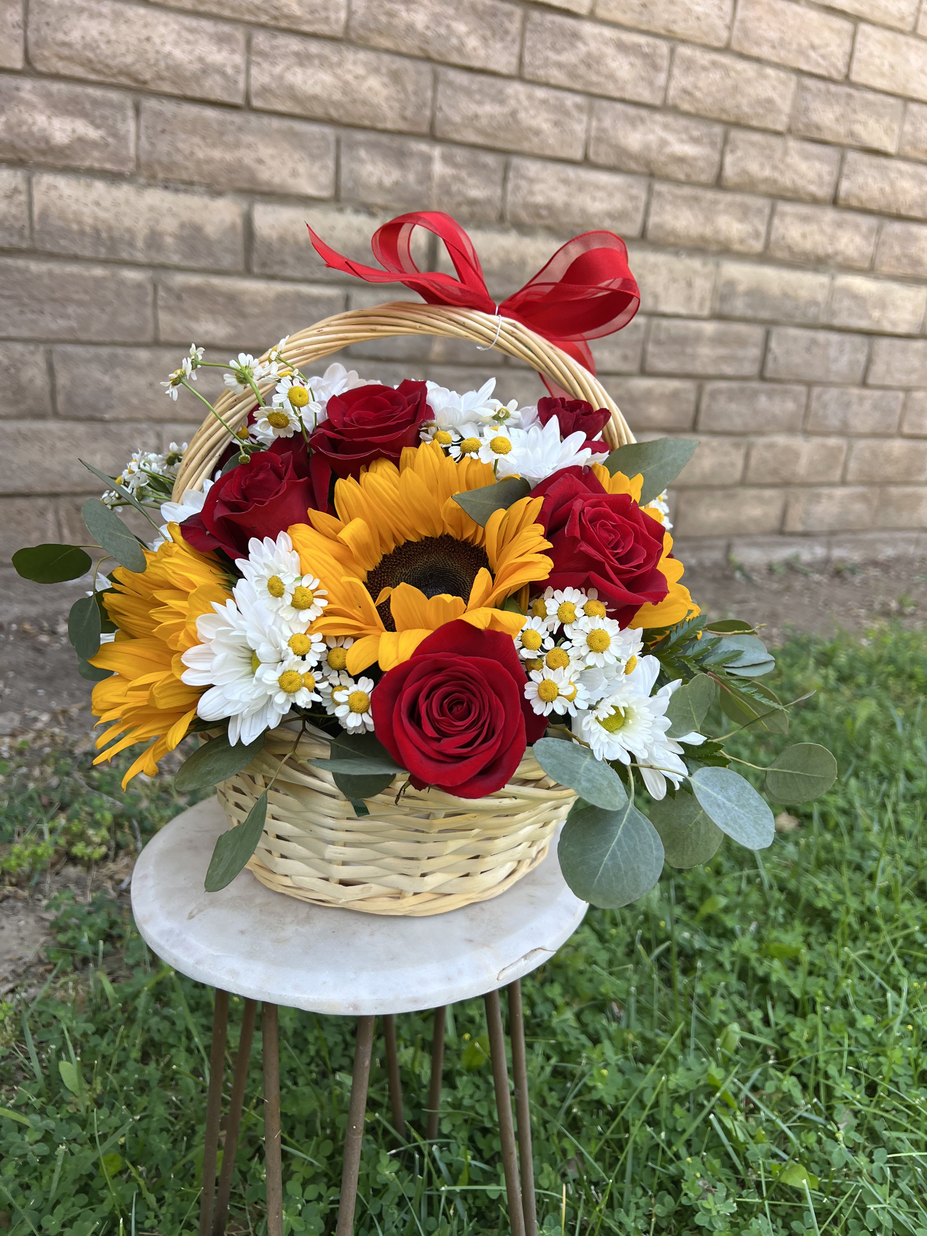 Sunflowers &amp; Red Roses Basket  - Bring warmth and elegance into any space with this radiant basket arrangement. Perfect for Birthdays, Anniversaries, or simply sayin " You are Special"