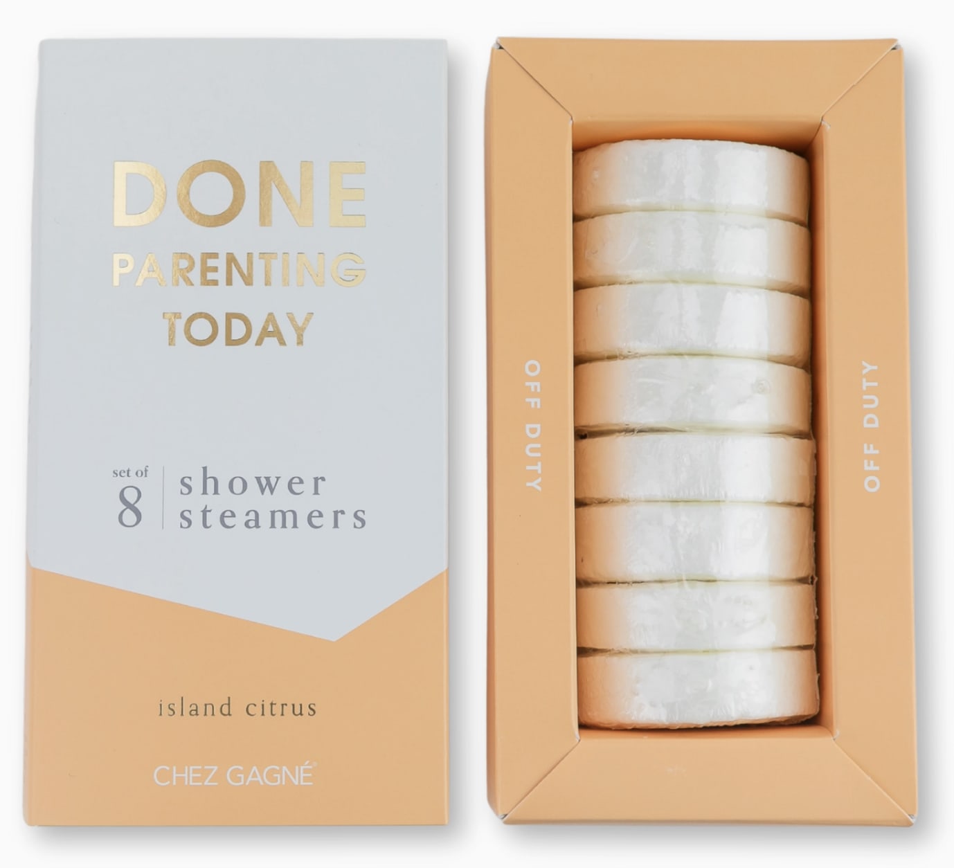 Aromatherapy Shower Steamers - Island Citrus (Done Parenting Today or You're So Pretty) - The Done Parenting Today or You're So Pretty Island Citrus Shower Steamers are your five-minute getaway from chaos. Infused with essential oils, these steamers release the bright, tropical scent of citrus and island fruits to help you reclaim a little peace and feel so pretty!  Island Citrus order will be fulfilled with an in-stock box of either Done Parenting Today or You're So Pretty shower steamers.  • Set of 8 aromatherapy shower steamers • Made with essential oils + premium parfum • Box size: 6 x 3 x 2 in. • Made in the USA • Vegan + cruelty-free • No phthalates, no parabens, no sulfates