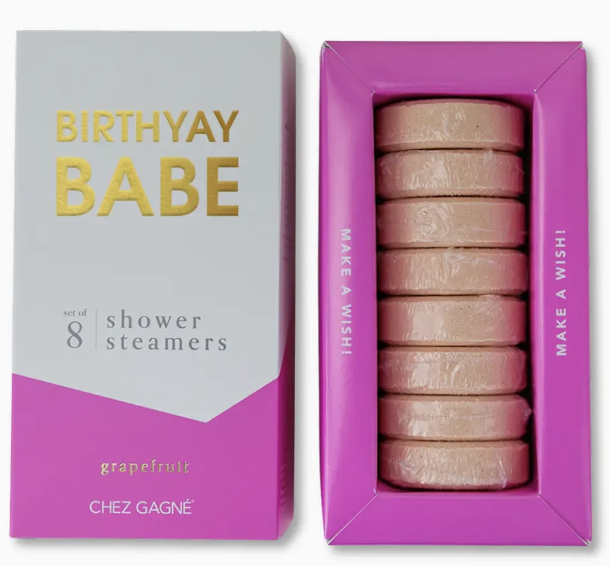 "Happy Birthyay Babe!" Aromatherapy Shower Steamers (Grapefruit)  - The Birthyay Babe Grapefruit Shower Steamers are your new birthday week (or month) essential. Infused with essential oils, these steamers release the refreshing, zesty scent of grapefruit to jumpstart your celebration and get you ready to par-tay. Perfect as a cheeky birthday gift or a treat-yourself indulgence, this vegan, cruelty-free set is made with clean ingredients in the USA and packaged in a bold, gift-ready box. Includes 8 Wrapped Shower Steamers in gift box. Available for local Valparaiso Delivery.  