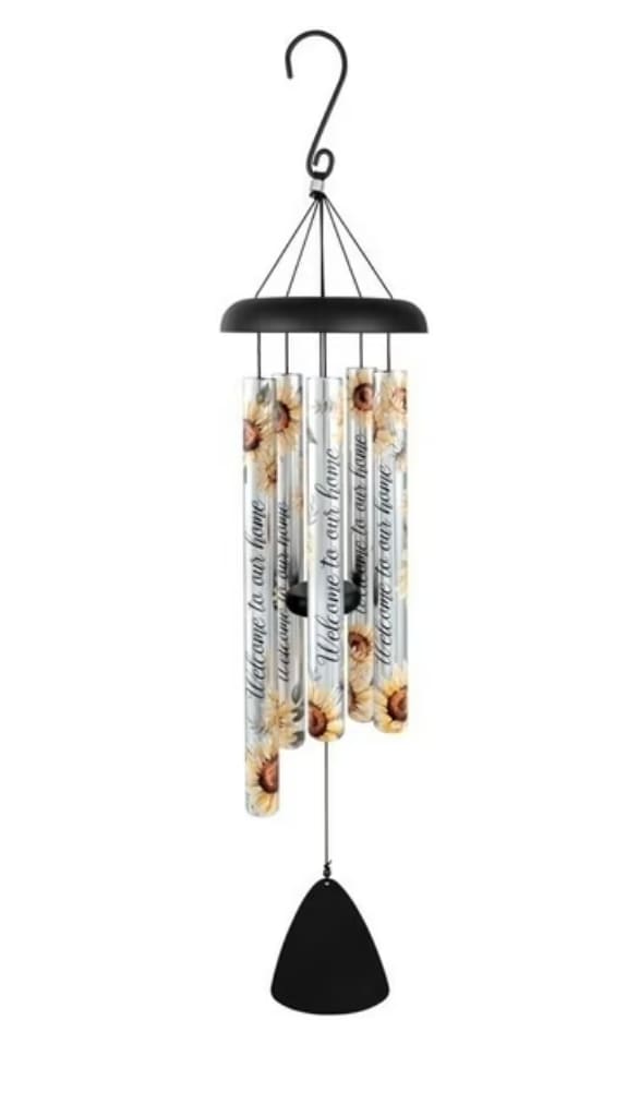 Welcome to Our Home Wind Chime - Decorative Housewarming Wind Chime with Sunflowers, approximately 38" long. Chime reads: "Welcome To Our Home"