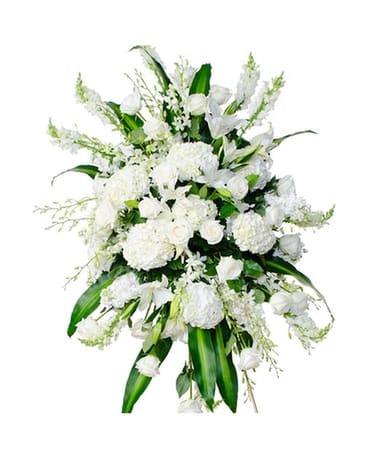 White floral spray with roses and hydrangeas