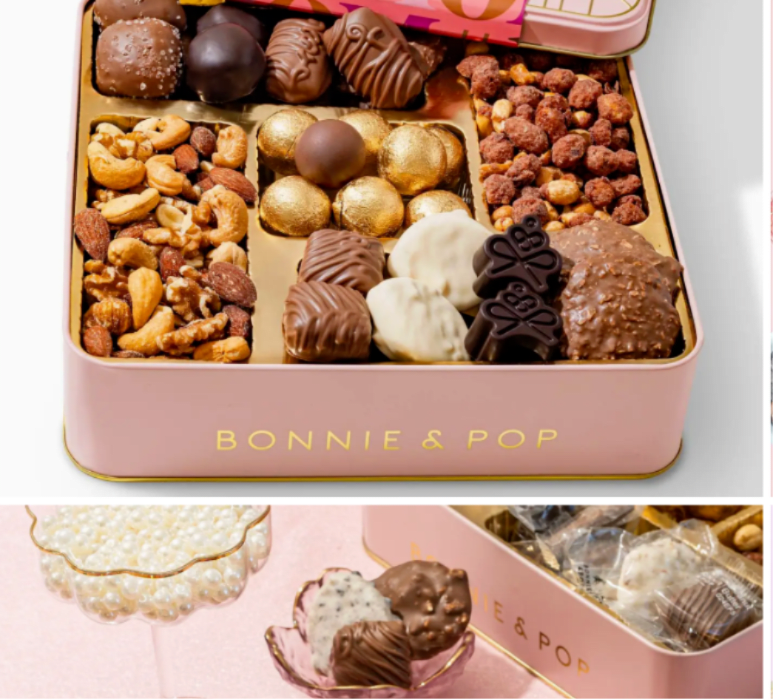 Chocolate and Nut Snack Box  -  Celebrate  with a beautifully arranged gourmet chocolate and nut gift tin that’s perfect for moms, wives, grandmothers, sisters, and all the special women in your life.