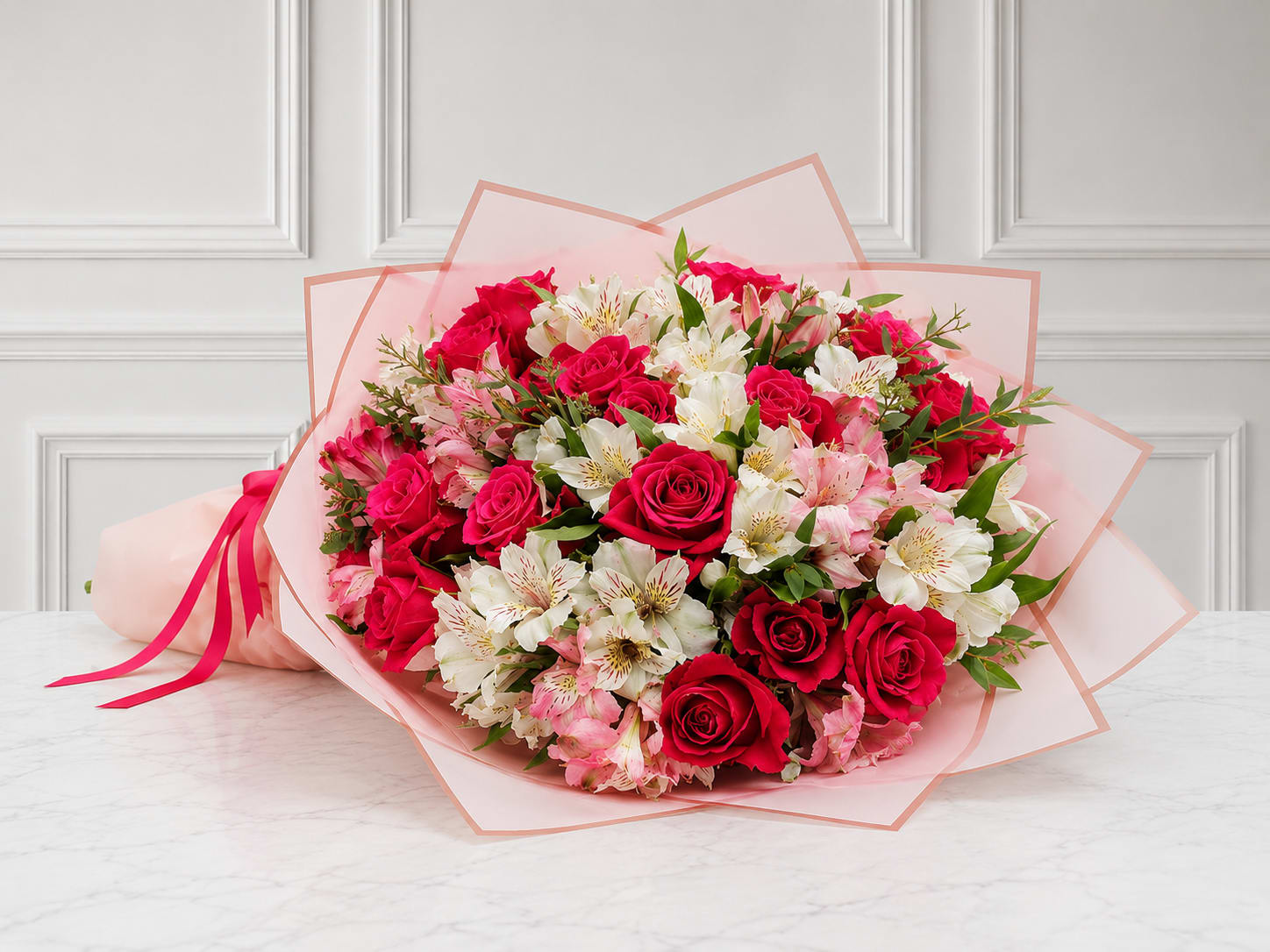Bouquet of red roses and white-pink alstroemeria wrapped in pink paper