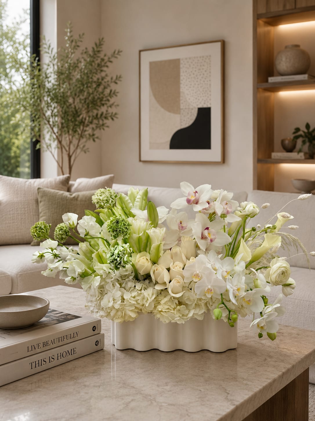 White and green floral arrangement in a low white vase on a coffee table