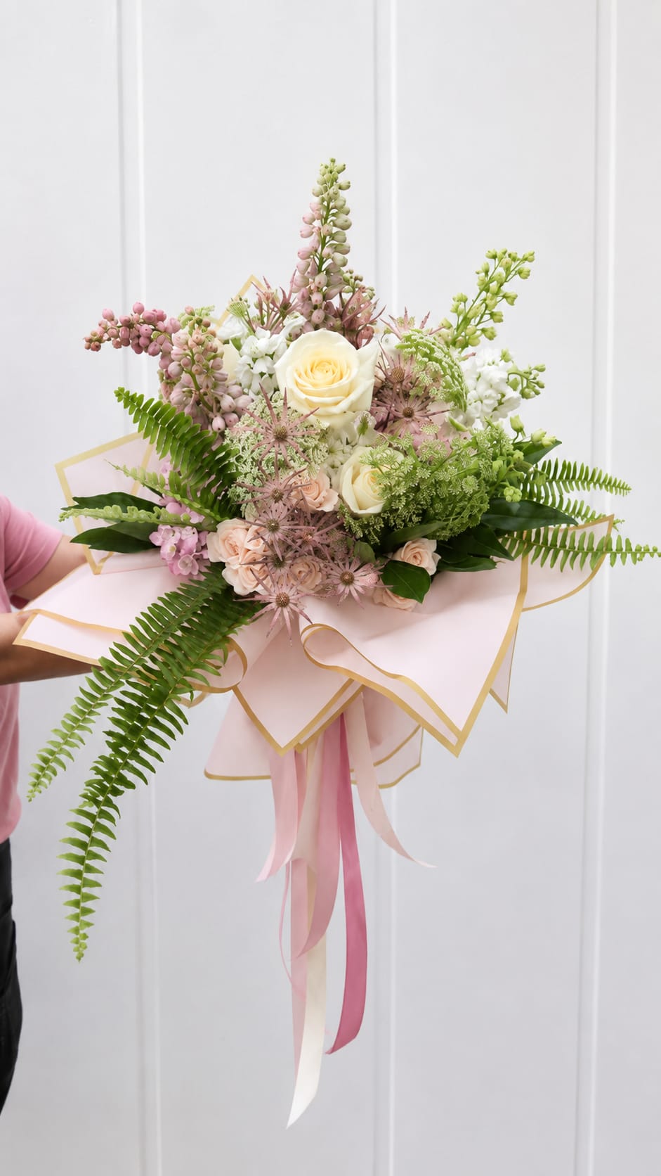Hand-tied bouquet of cream and blush flowers with pink ribbon wrap