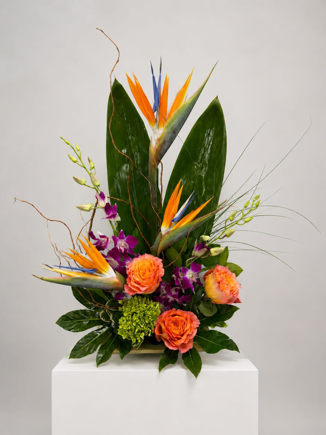Tropical arrangement with bird of paradise, orange roses, and purple orchids