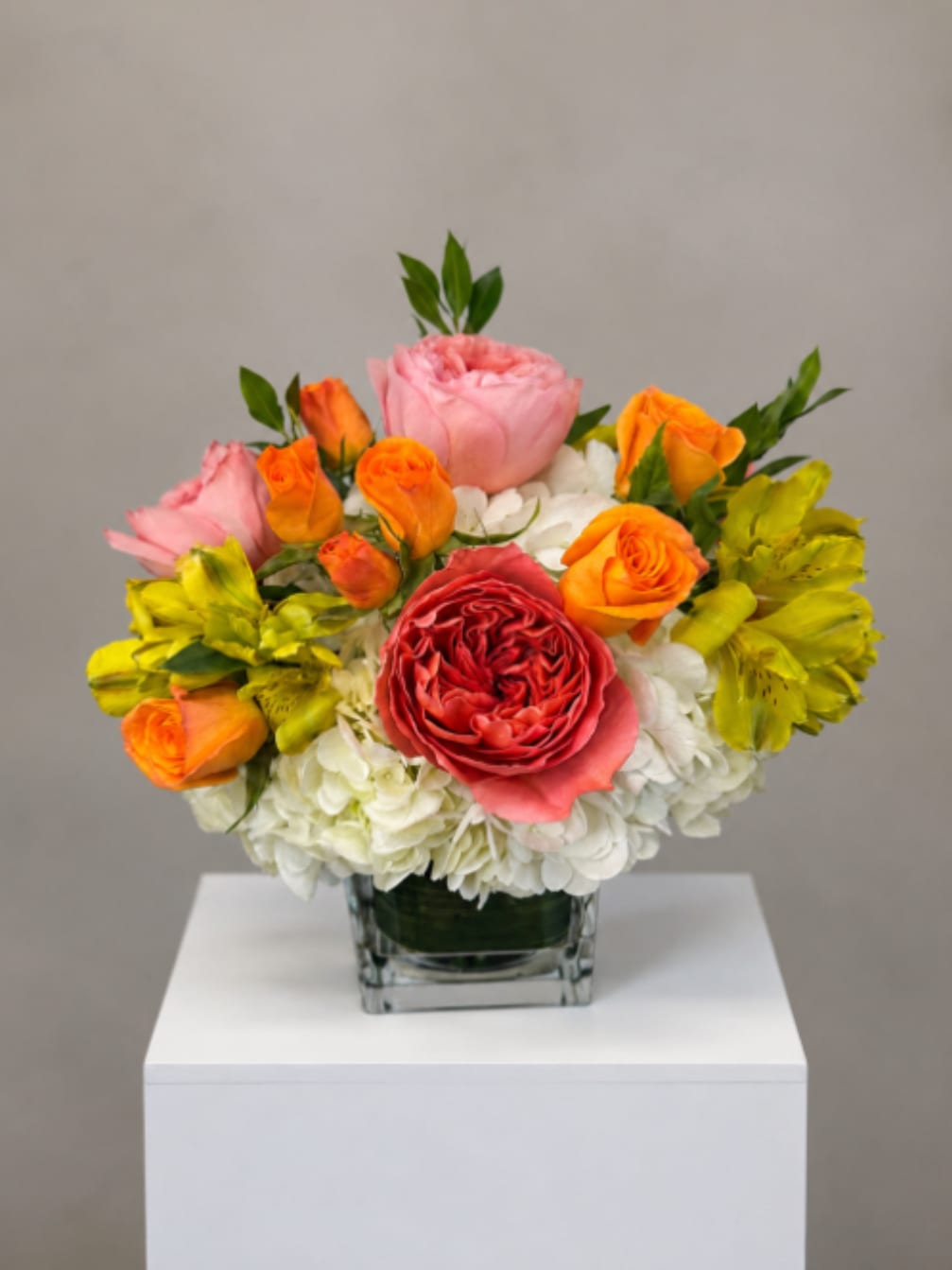 Clementine - Clementine is a bright and elegant floral arrangement designed to bring warmth, beauty, and joy to any occasion. Featuring premium coral garden roses, blush roses, vibrant orange spray roses, crisp white hydrangeas, cheerful yellow alstroemeria, and lush seasonal greenery, this fresh flower arrangement is artfully designed in a modern glass cube vase for a timeless, sophisticated look. Bursting with citrus-inspired color, Clementine is the perfect gift for birthdays, anniversaries, congratulations, thank-you gifts, get well wishes, new babies, or simply to brighten someone's day.  Expertly handcrafted by the designers at All Occasions Florist, your trusted Dallas florist, Clementine is available for same-day flower delivery in Dallas, Highland Park, University Park, Richardson, Plano, Irving, and surrounding communities. We use only premium, fresh flowers to create every arrangement. Because we work with seasonal blooms, substitutions may occasionally be necessary, but the overall style, color palette, and exceptional value will always be maintained. Bring a burst of fresh color and lasting elegance to someone special with Clementine, a vibrant floral design made to leave a lasting impression.