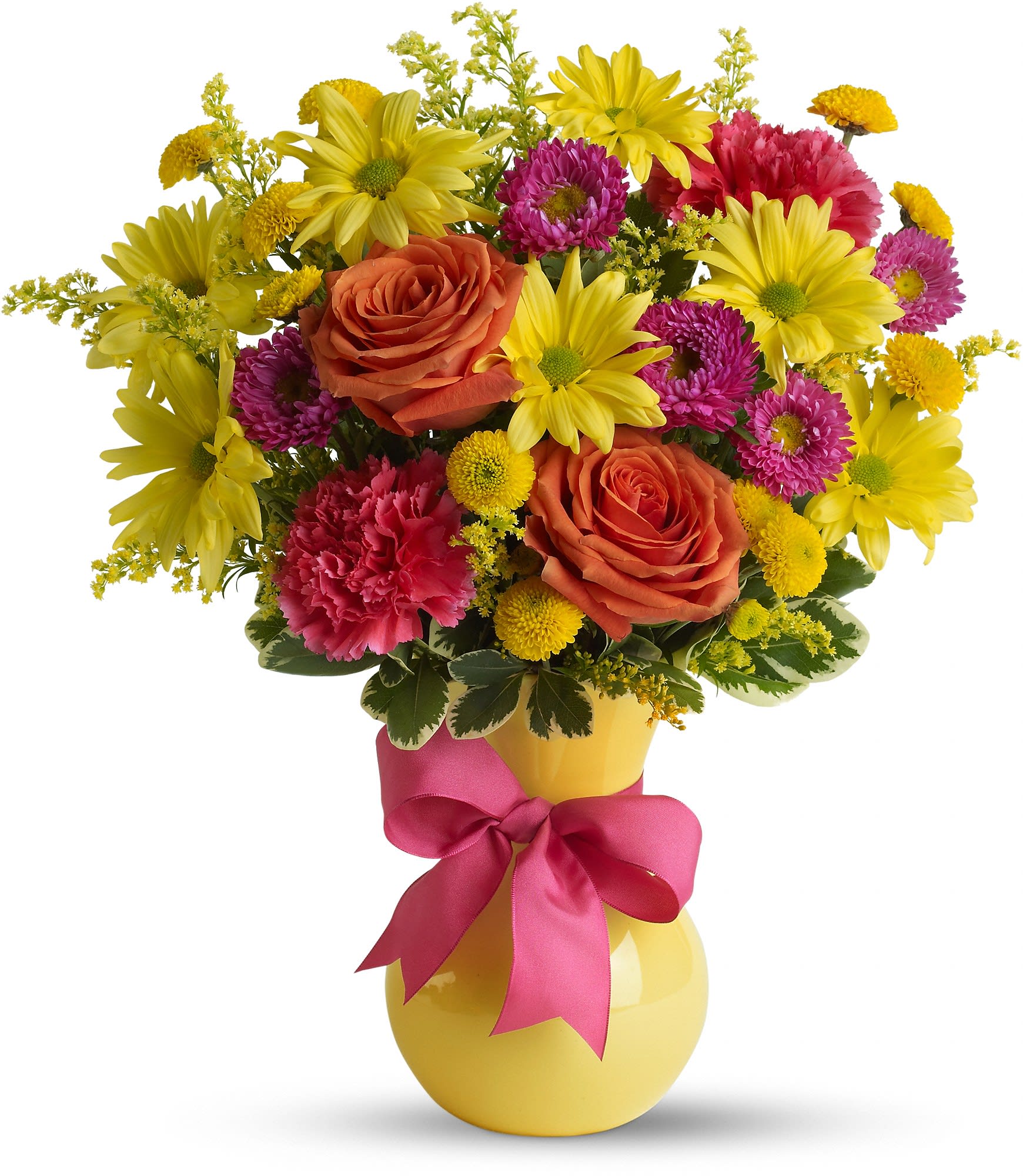 Hooray-diant! - It's called "Hoo-radiant!" The perfect name for this exuberant gift of orange roses, hot pink carnations and other favorites bursting from a sunny yellow vase they'll love. Go ahead, make their day. 