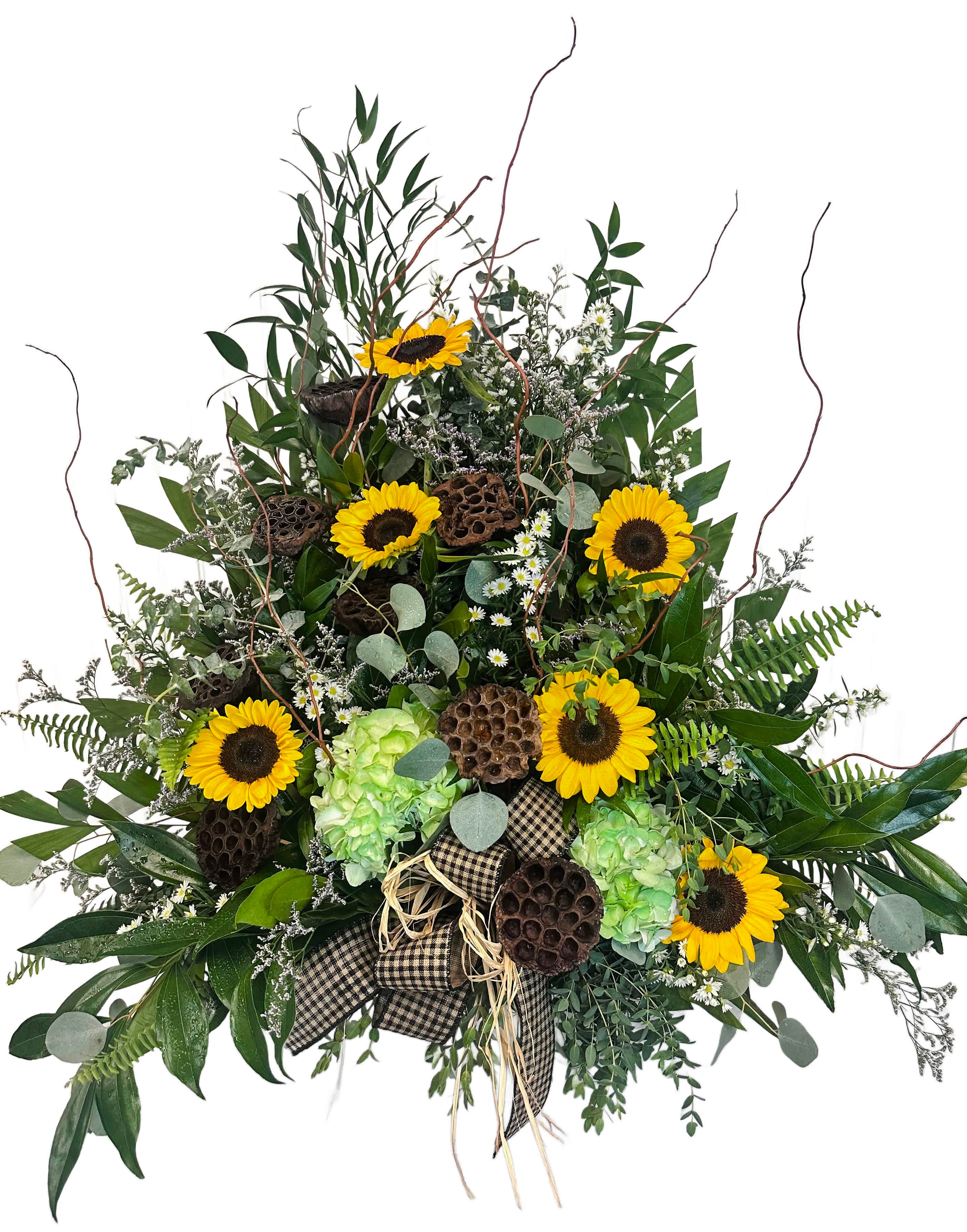 Large sunflower arrangement with green hydrangeas and a plaid bow