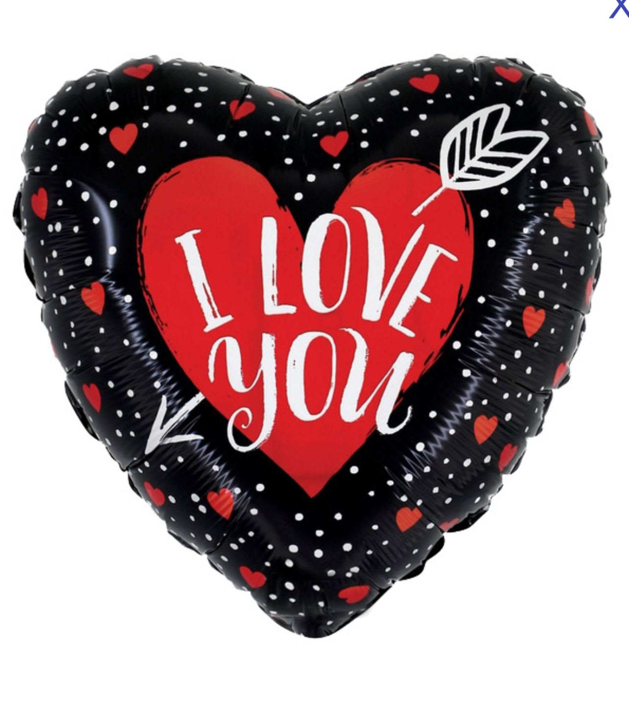 Heart-shaped balloon with "I love you" text and red hearts